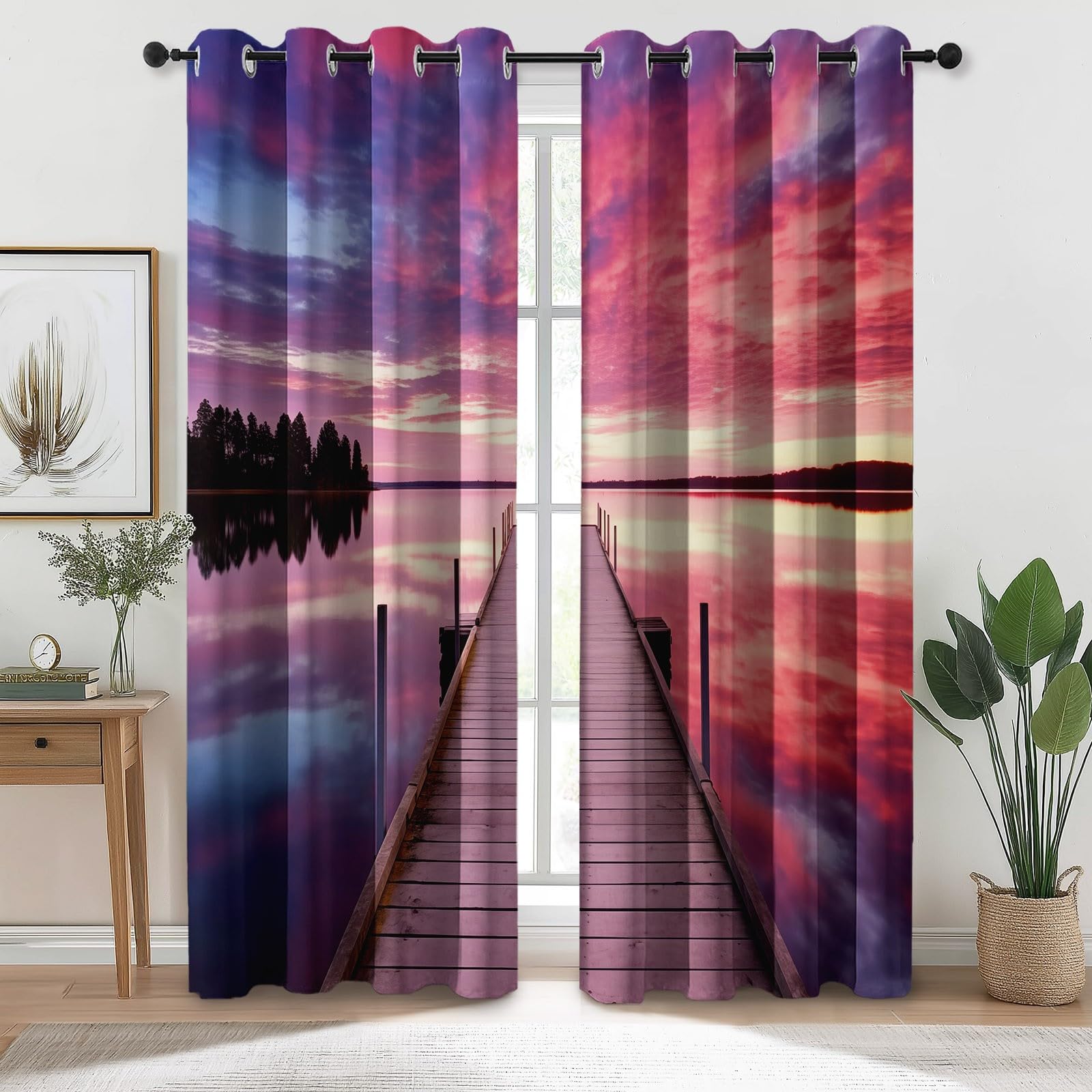 117L X 138H cm (2 Panneaux) Rideau Occultant Thermiques à Oeillets pour Chambre, Violet Marron Motif Nature Nuages Jetée Mer Rideaux Salon pour Chambre Enfant Fille Garcon Rideau
