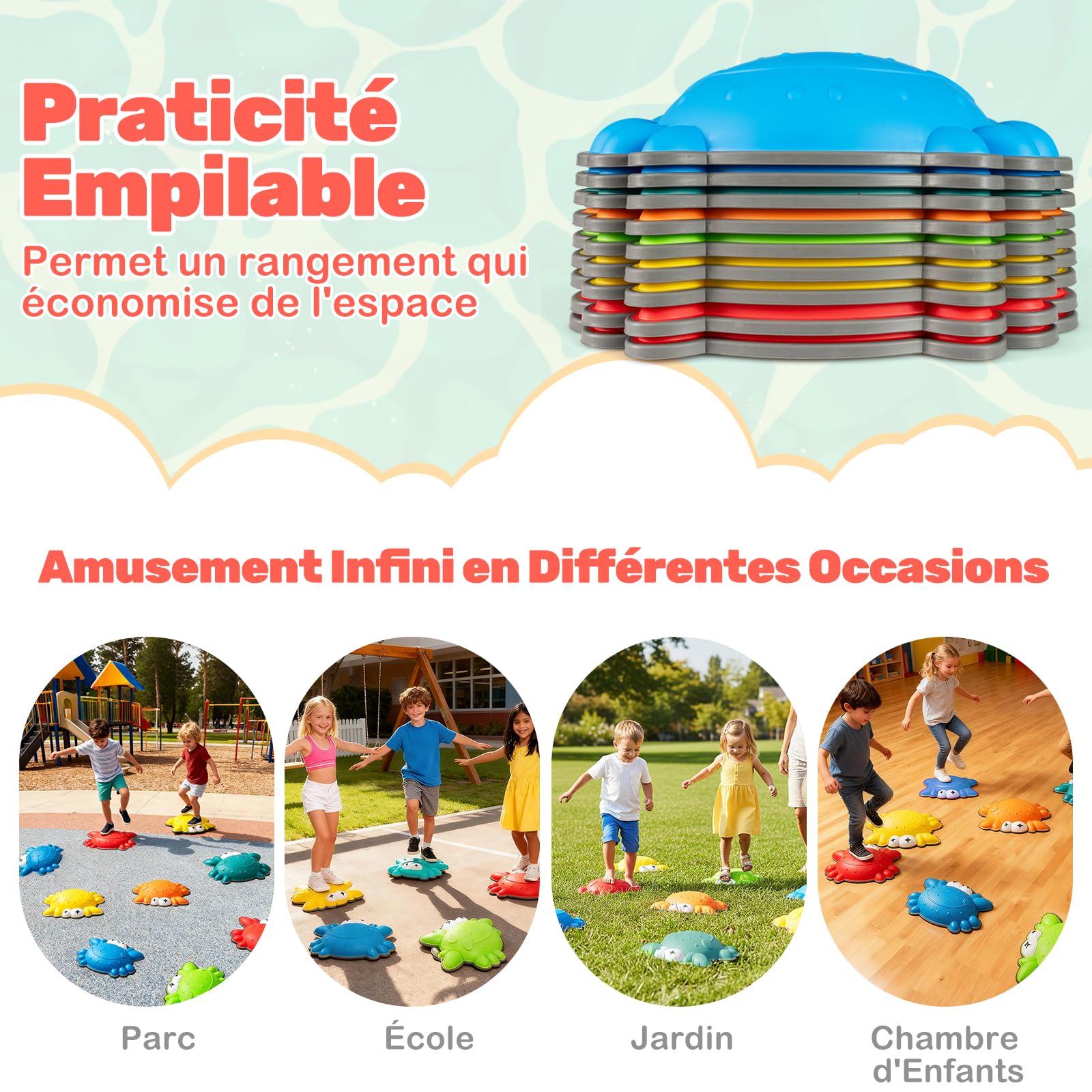 COSTWAY 9 Pierres d'équilibre Empilables Enfant en Forme Crabe avec Bord TPE, Parcours Motricité Enfant avec Motif Antidérapant, Jouet Sensoriel Intérieur & Extérieur, Charge 80kg pour 3 Ans+