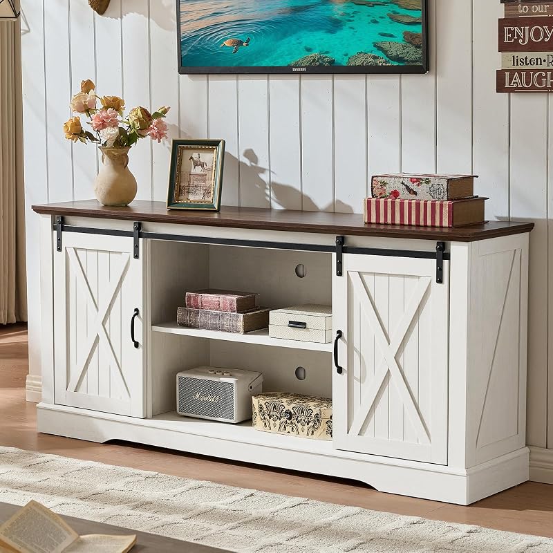 ROCKPOINT 66 Inch Farmhouse Entertainment Center,TV Stand with Sliding Barn Doors & Storage Cabinet,Media Console Fits Up to 75 Inch TVs for Living Room,White
