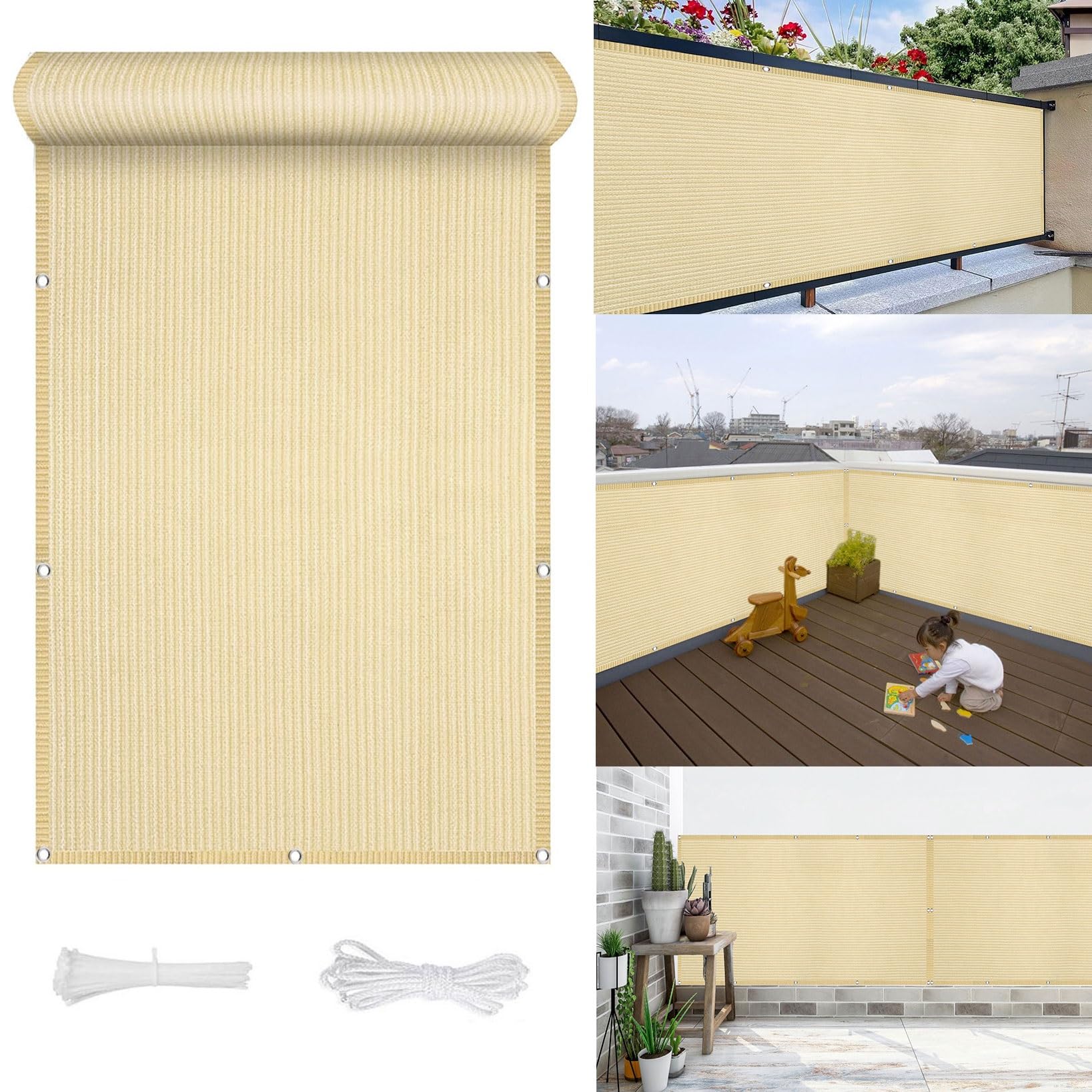 Osłona Ekranu Chroniąca Balkon 145 x 850 cm Słoneczny Wiatr Ogrodzenie Wiatrochronne Bez Wiercenia, Z Liną I Oczkami Na Taras, Patio, Balkon, Kolor kremowy
