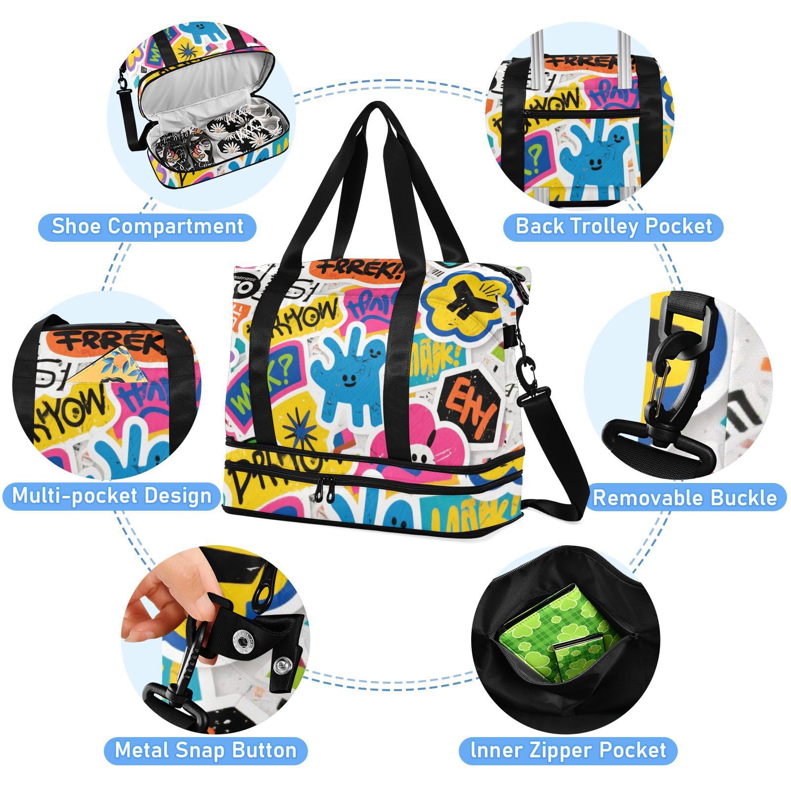 Bolsa de viaje de gran tamaño de graffiti de dibujos animados con bolsillo húmedo, correa ajustable, bolsa de entrenamiento deportivo para yoga, multifuncional para hombres y mujeres