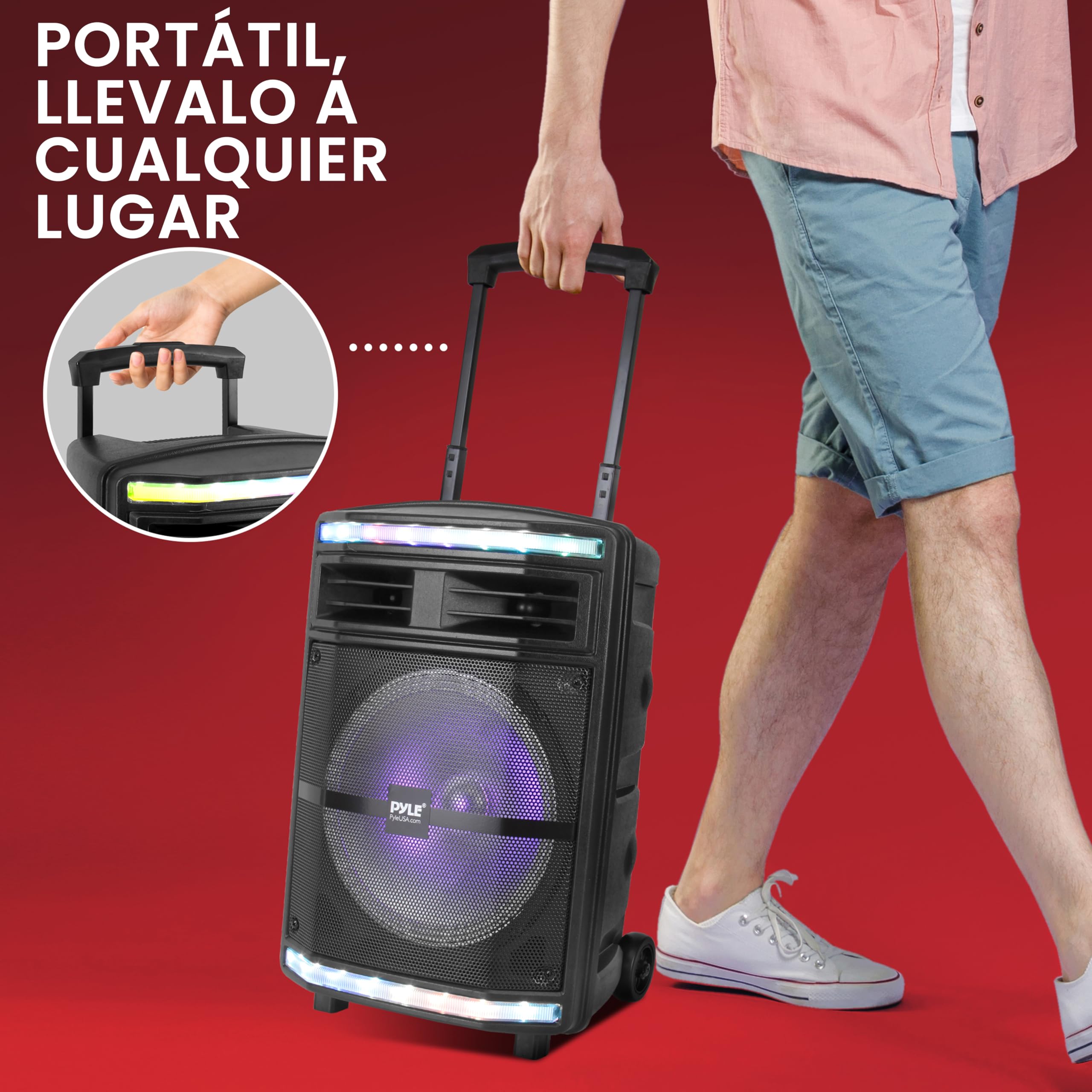 Pyle Altavoz, PA, 600V, Bluetooth, Portatil, Recargable, Exteriores, Luces de Fiesta, Lector de Tarjetas SD MP3/USB