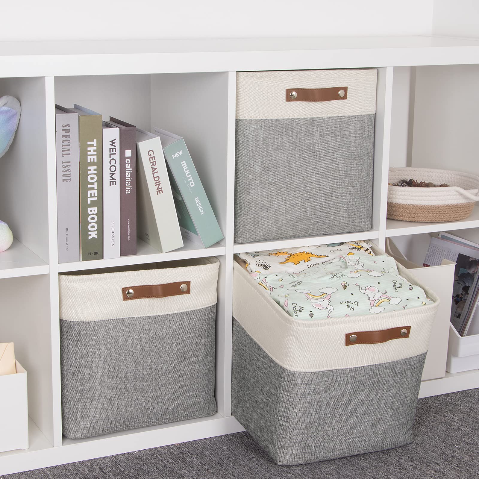 HNZIGE Fabric Storage Baskets 3-Pack - Foldable Organizer With Leather Handles