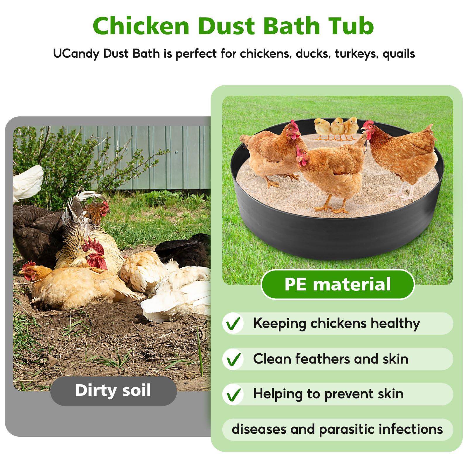 Bañera de polvo de pollo, 40 pulgadas de profundidad x 5.9 pulgadas de alto, diseño sin fondo, material de polietileno, baño de polvo ajustable para pollos, recipiente limpiador de gallineros,