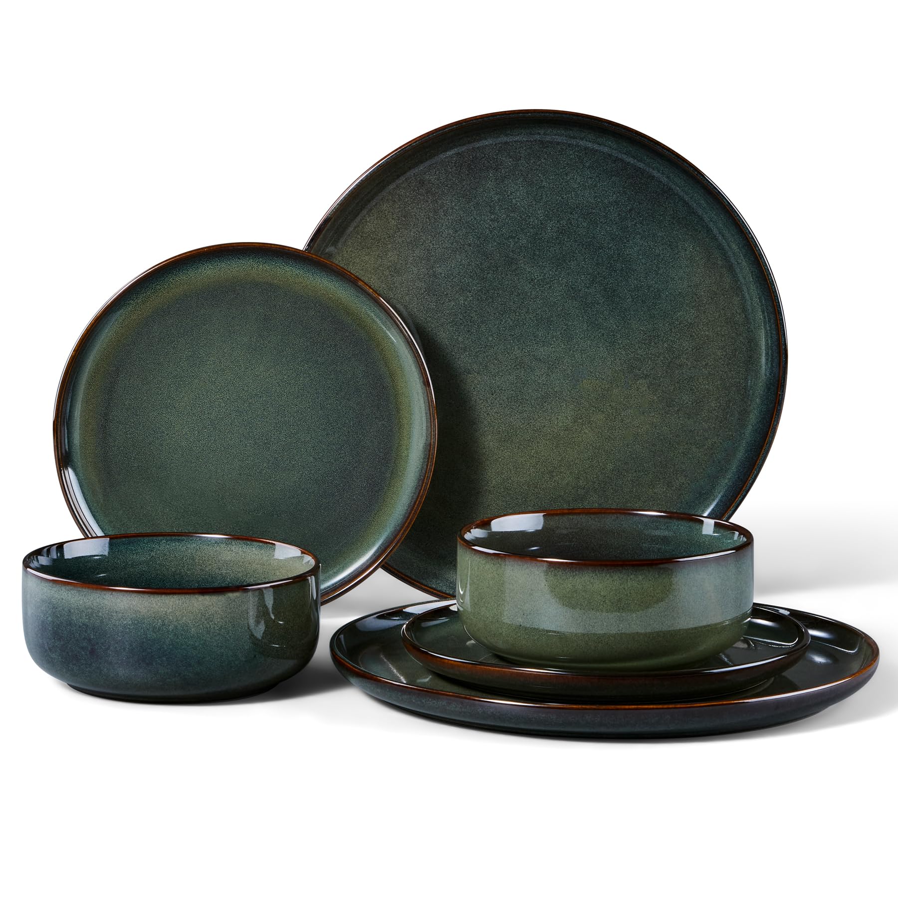 HaWare 6 Piece Dinner Set, Stoneware Dinnerware Service for 2, Reactive Glaze Dining Ware Include Plates and Bowls, Chip and Scratch Resistant, Microwave & Dishwasher Safe, Moss Green