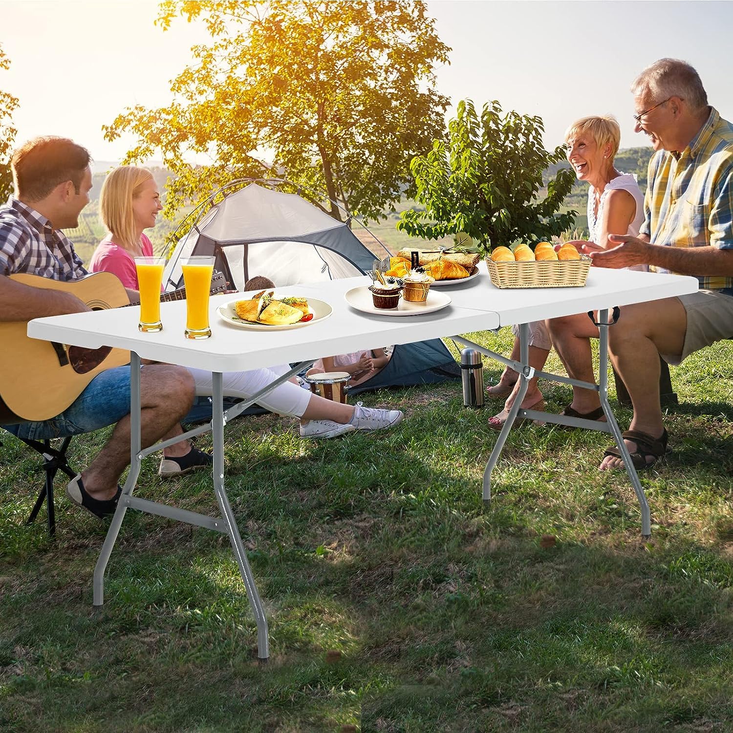 GYMAX Mesa de Camping Portátil Plegable con Asa de Transporte, Mesa de Jardín, Mesa de Balcón hasta 150 kg, Soporta 180 x 73 x 73 cm, para Exteriores, Camping, Pícnic, Blanco