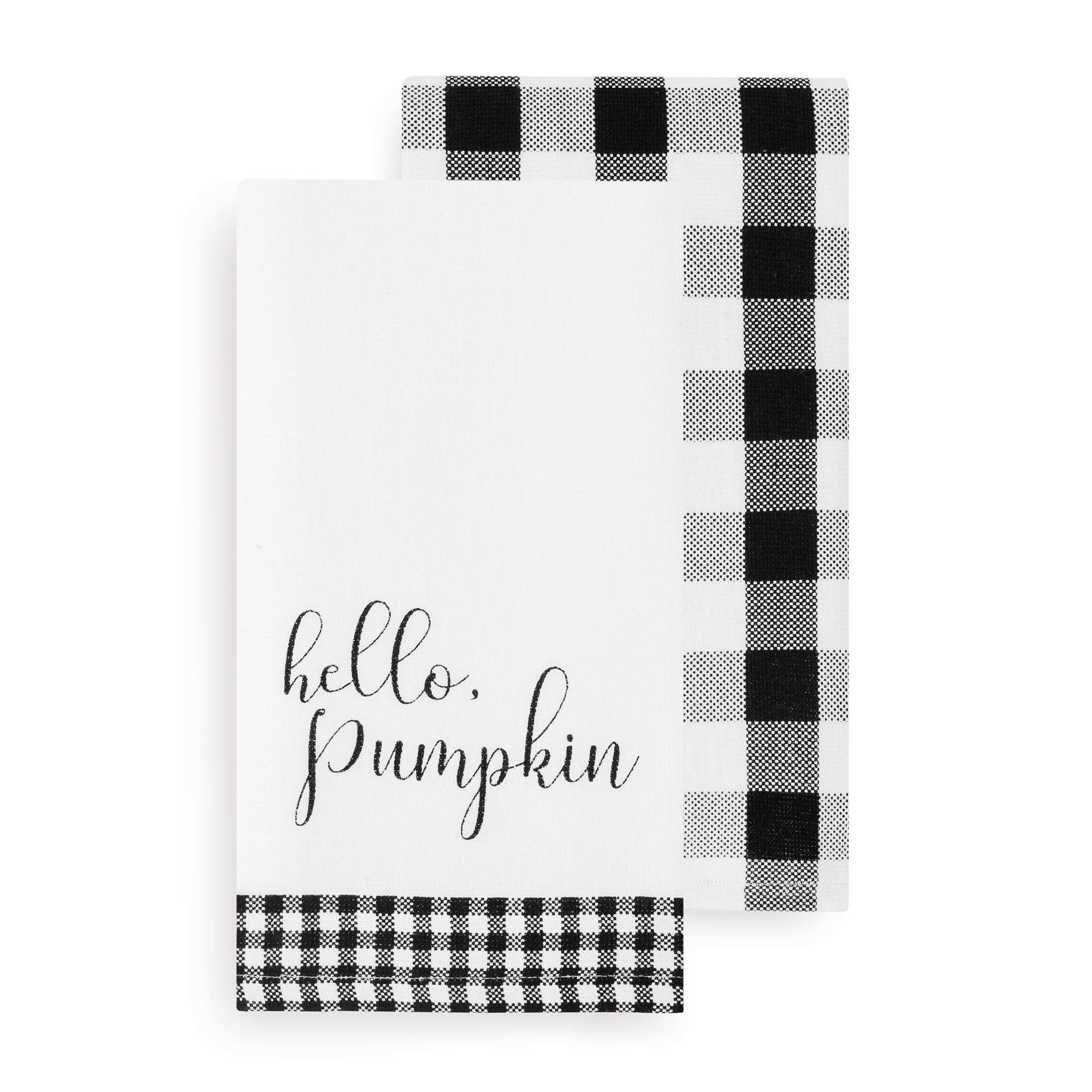 Elrene Hello Pumpkin and Check Set, Black/White, 18" x 28" (Kitchen Towels)