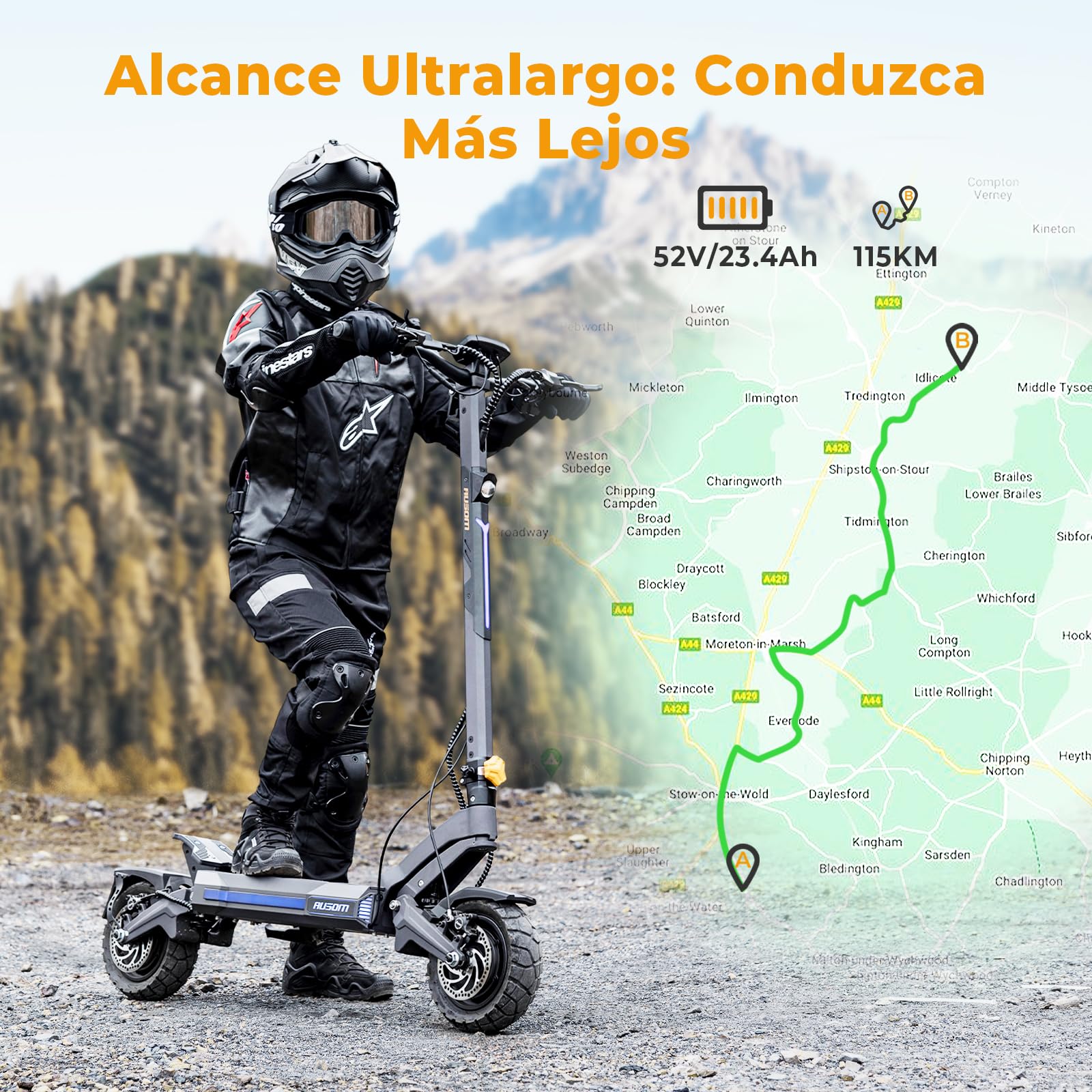 Patinete Eléctrico Adultos Ausom DT2 Pro, Batería 23,4 Ah 52 V, Autonomía 100-115KM, Ruedas 10x3.0 Todoterreno, Plegable Scooter Electrico