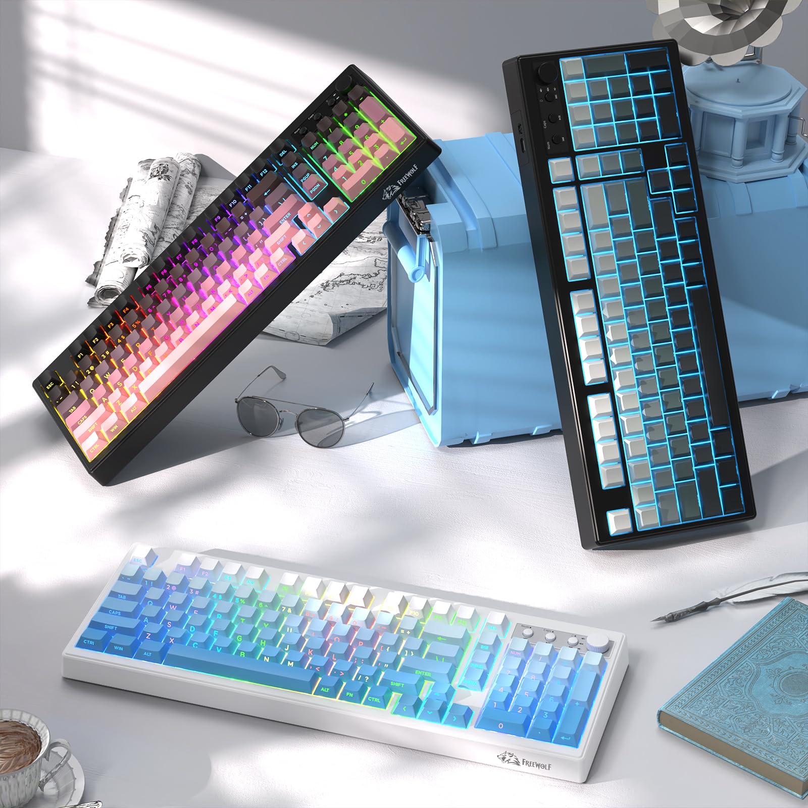 ZIYOU LANG K100 Teclado Gaming Inalámbrico Layout US, Conexión Tri-Modo (BT/2.4G/Cable) Teclado de Membrana con Perilla, 102 Teclas PBT Gradiente, 4000mAh RGB Backlit, para PC/Mac - Azul Glaciar