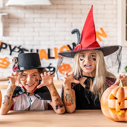 Miniatura 3 de 12 hojas de más de 160 piezas de tatuajes temporales con purpurina de Halloween para niños, tatuajes de purpurina de Halloween, tatuajes faciales