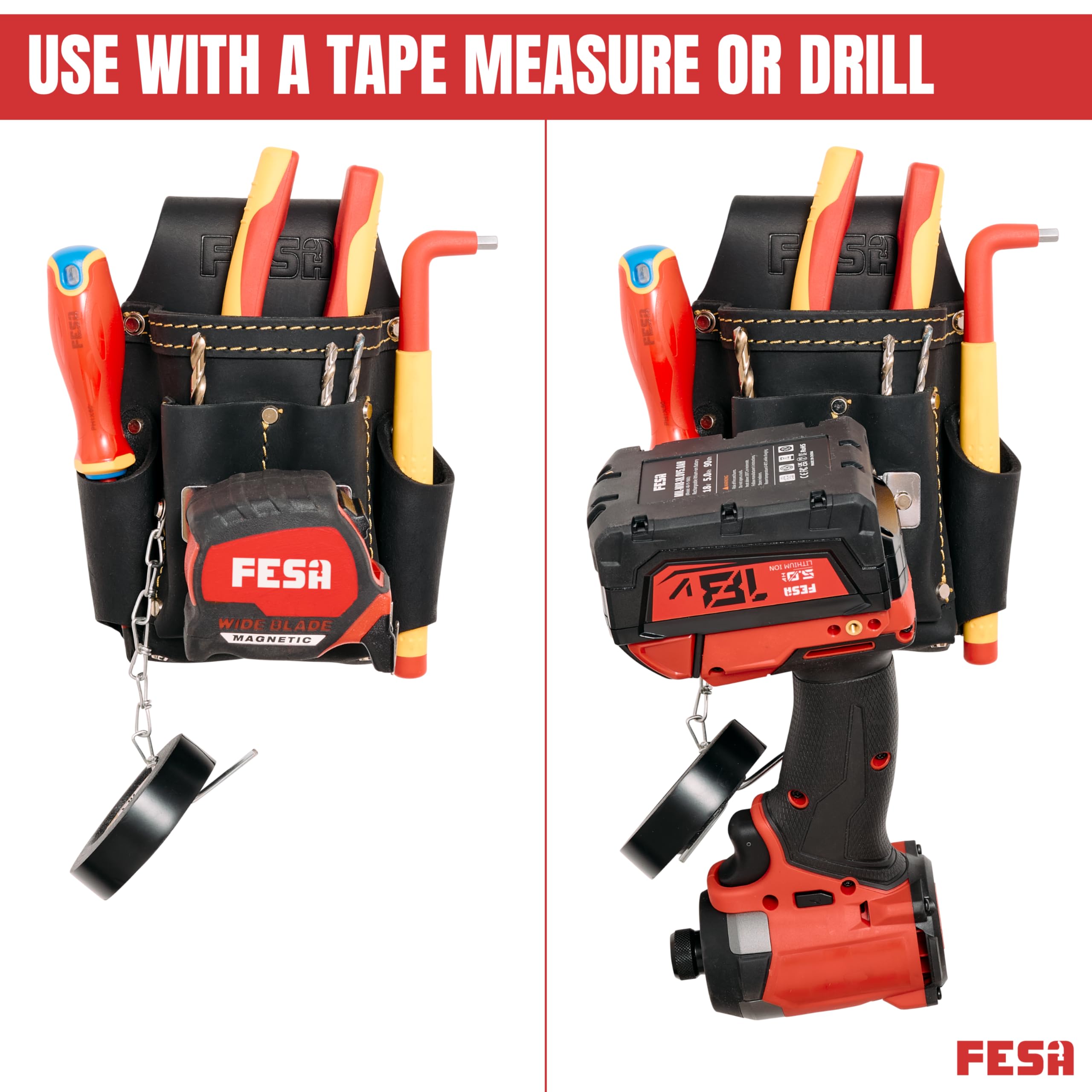 FESA Piccola borsa per attrezzi da elettricista, in pelle, 7 in 1, con metro a nastro in acciaio o clip per trapano, catena a T e 5 tasche, clip su qualsiasi cintura, realizzata a mano