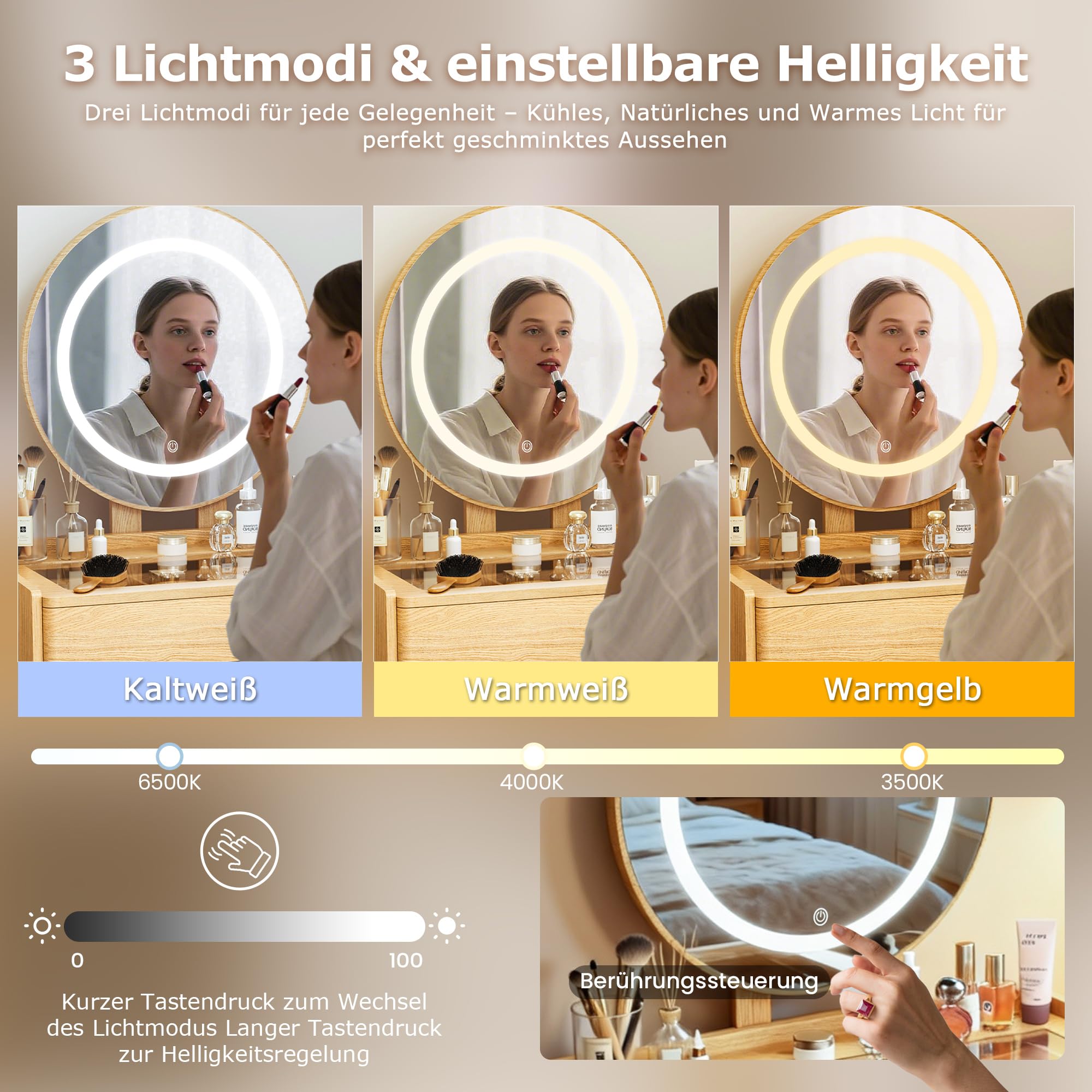 Pamapic Schminktisch, Schminktisch mit Verstellbarem LED Beleuchtung & Gepolstertem Hocker, Frisiertisch mit Sichtglasplatte Für Das Schlafzimmer, Natur