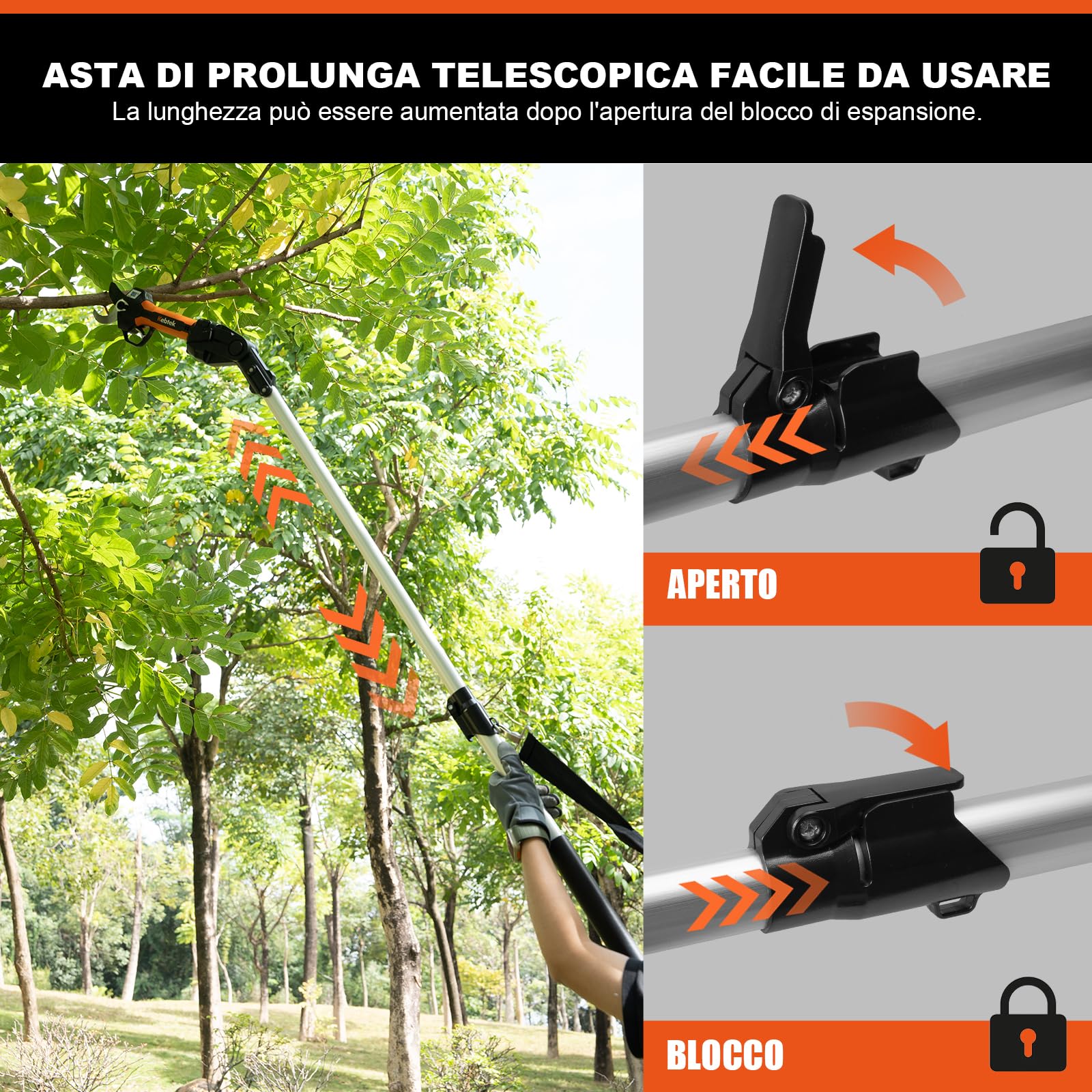 Kebtek Forbici Potatura a Batteria Professionali, con Telescopica, 2 * 2000mAh Batterie, Display LCD, Diametro di Taglio 40 mm (KT940)