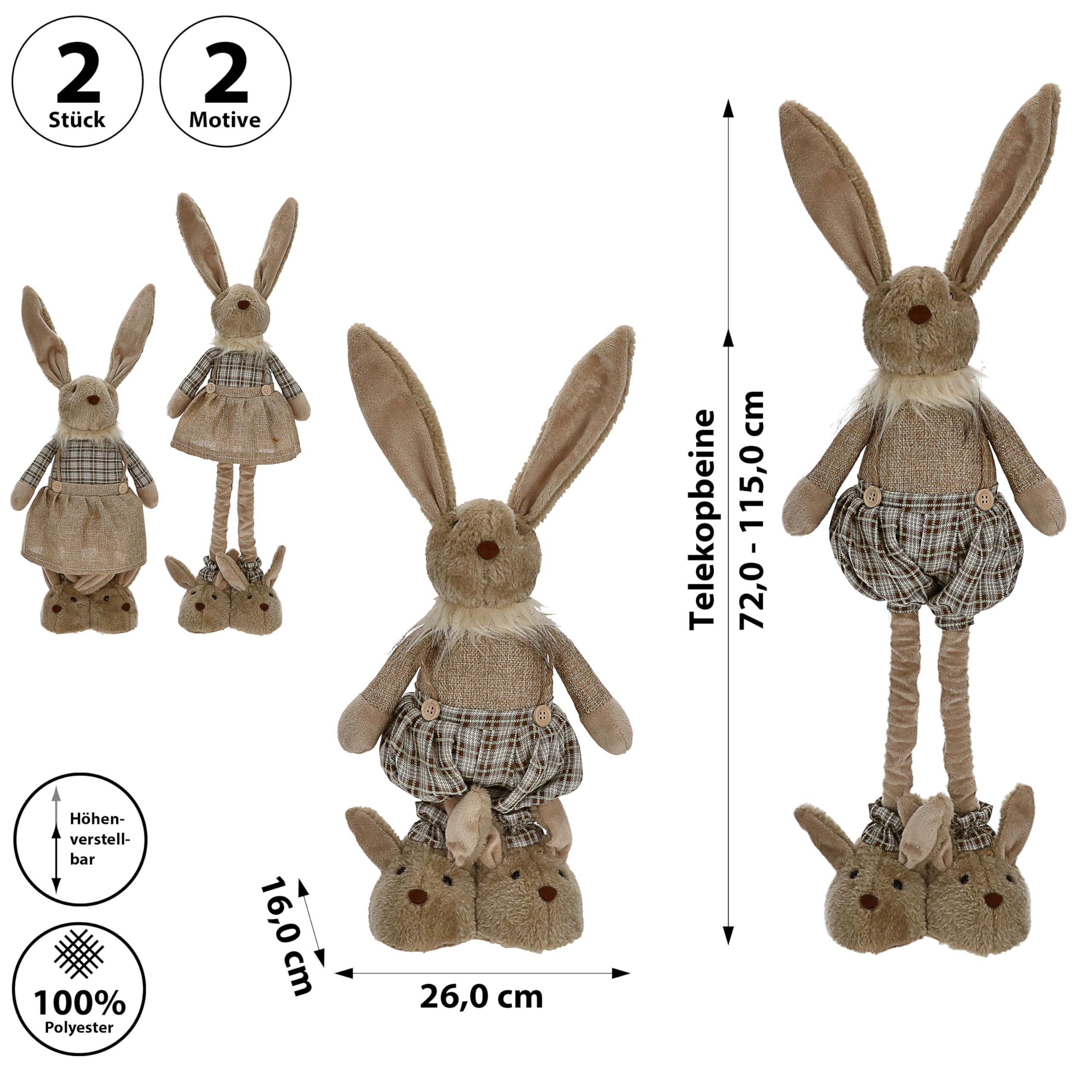 Cepewa Osterhasenpaar mit Teleskopbeinen | max. H115cm Polyester Brauntöne Metallbeine | Frau und Mann mit Hasenschuhen