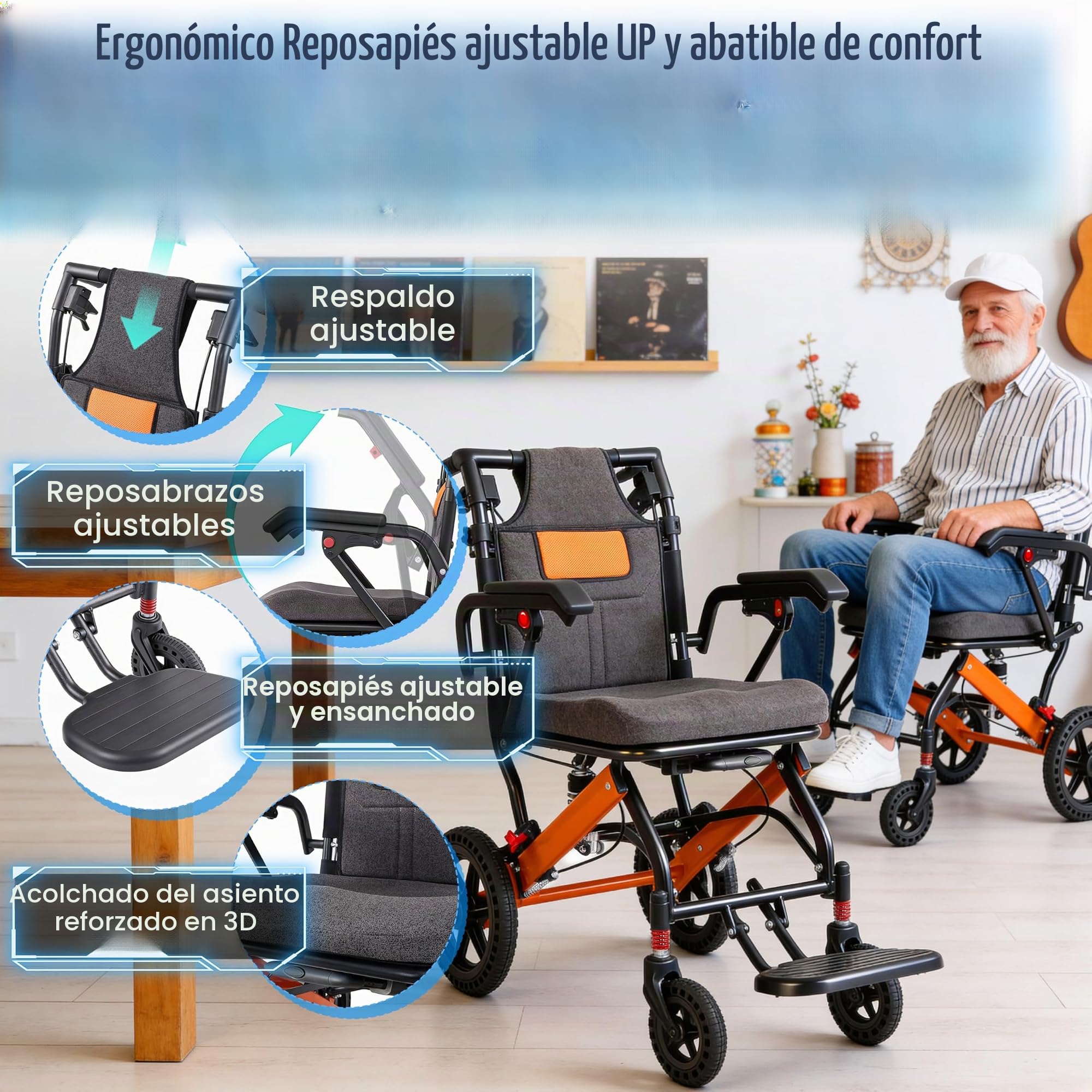 Silla de ruedas plegable ligera 2026, respaldo ajustable, neumáticos de panal de abeja de 28 cm, sillas de transporte con mango telescópico, bolsa de viaje, bolsa de viaje, cojines hinchables
