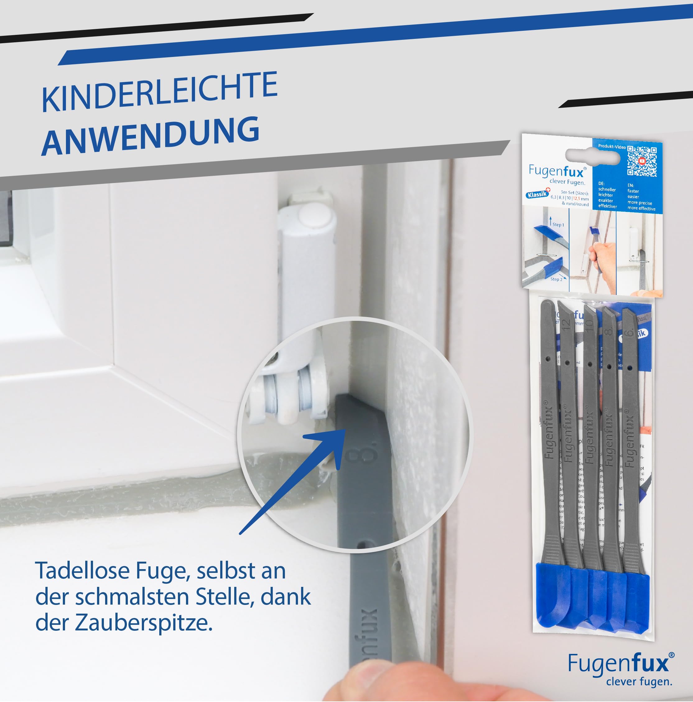 KLASSIK (PLUS) FUGENFUX® 5er Set – Fugenglätter | Fugenabzieher mit Revolutionärer Zauber-Spitze für Extrem Enge Stellen | 5 optimierte Spezial-Fugenköpfe | Made in Germany | Für sämtliche Dichtstoffe