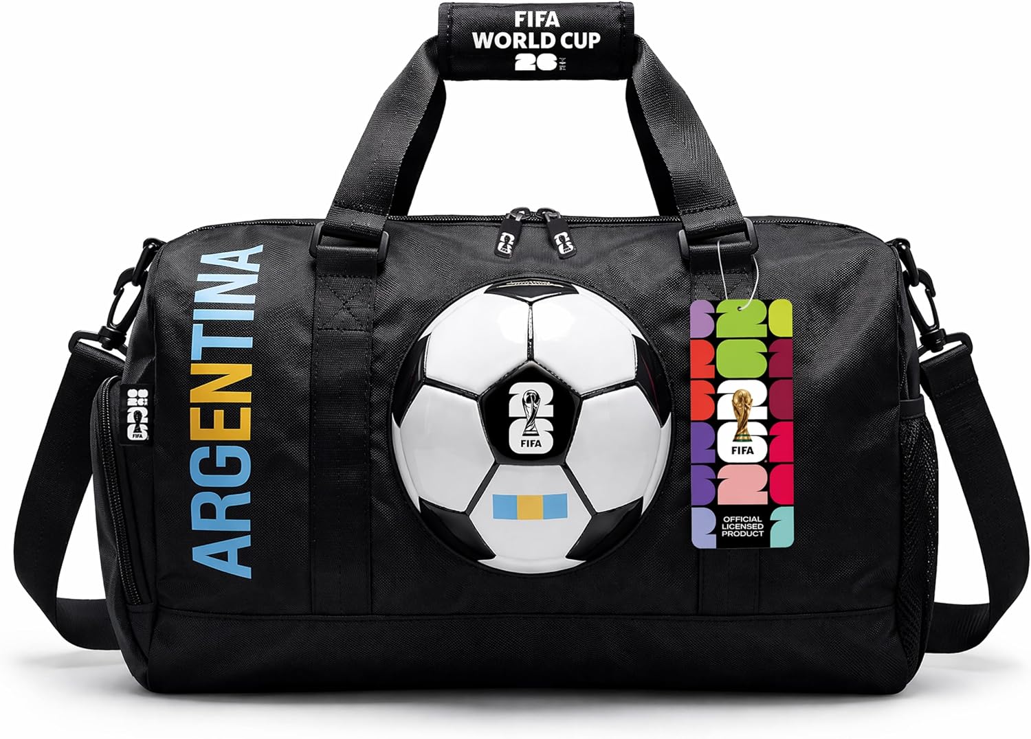 FIFA World Cup 2026 Officially Licensed Gym Bag for Men & Women, Duffle Bag for Travel/Sports/Workout/Daily Use, Multi-Compartment with Shoulder Strap, Waterproof Nylon, Black (Argentina Design)