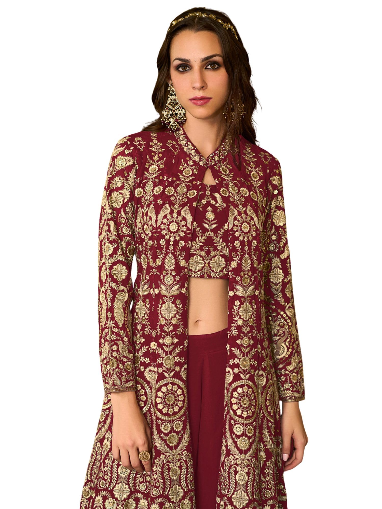 vaamsi Women's Maroon Poly Georgette Embroidered Festive Top, Palazzo & Shrug Set-picture-45