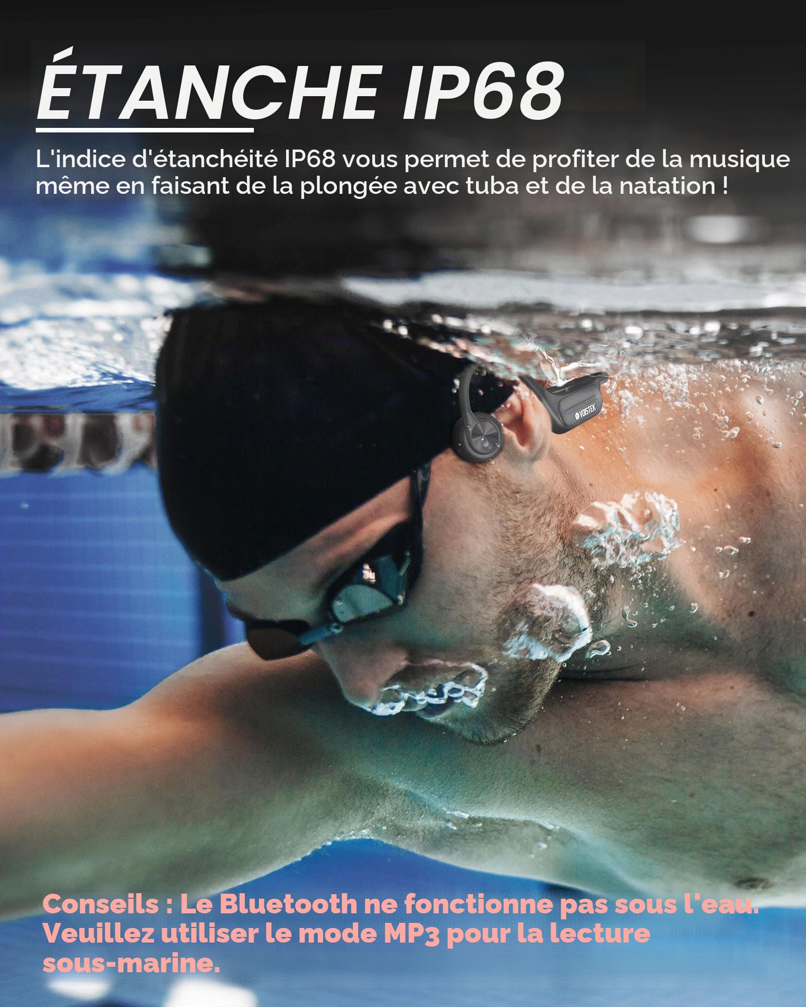 Voistek Casque Bluetooth à Transmission Osseuse - Idéal pour Natation, Sport & Course à Pied - avec Lecteur MP3 Intégré, Mémoire 32 Go sans Fil - Conception Ergonomique pour Activités Exercices