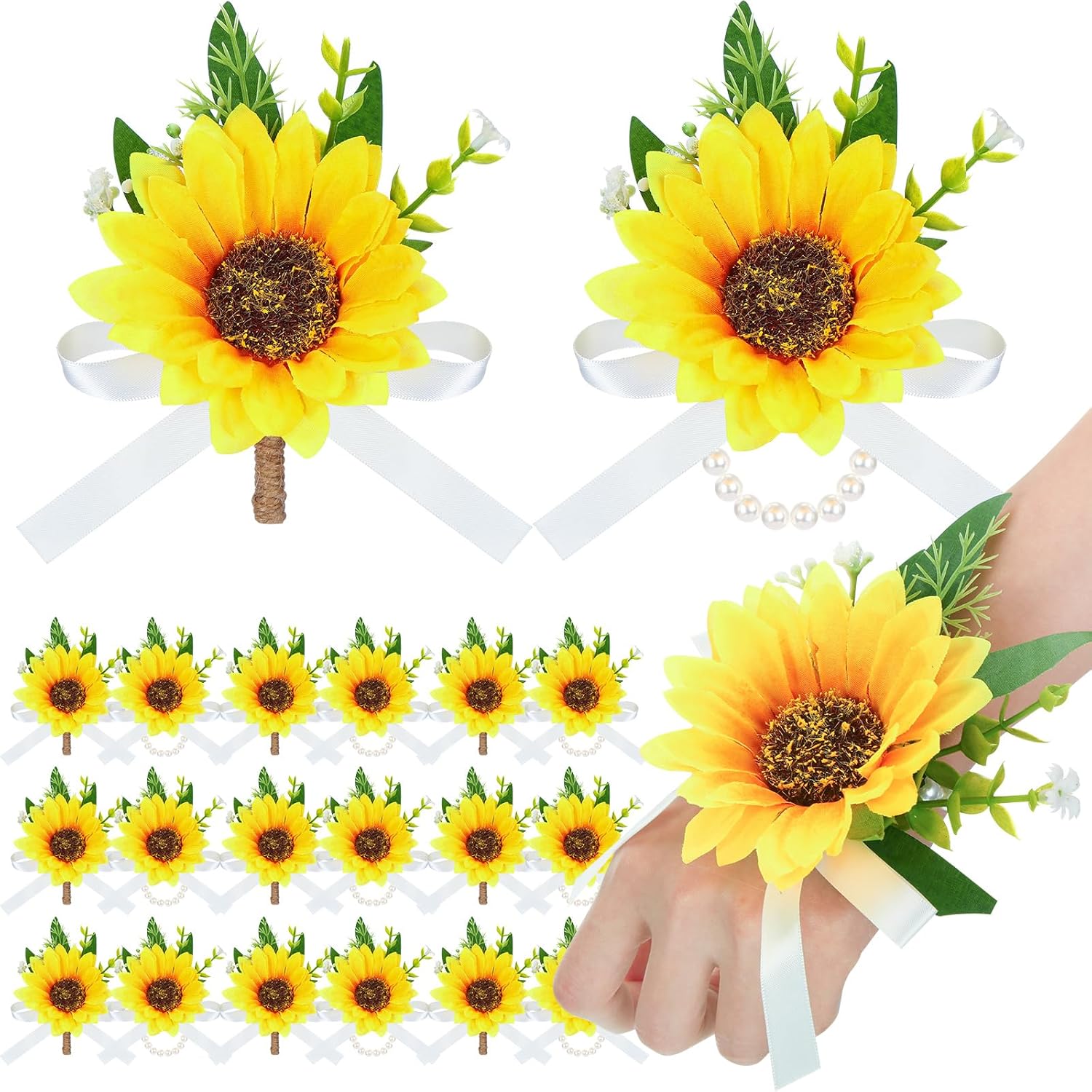 Zeyune 20 Pcs Sunflower Wrist Corsage and Boutonniere Set Including 10 Artificial