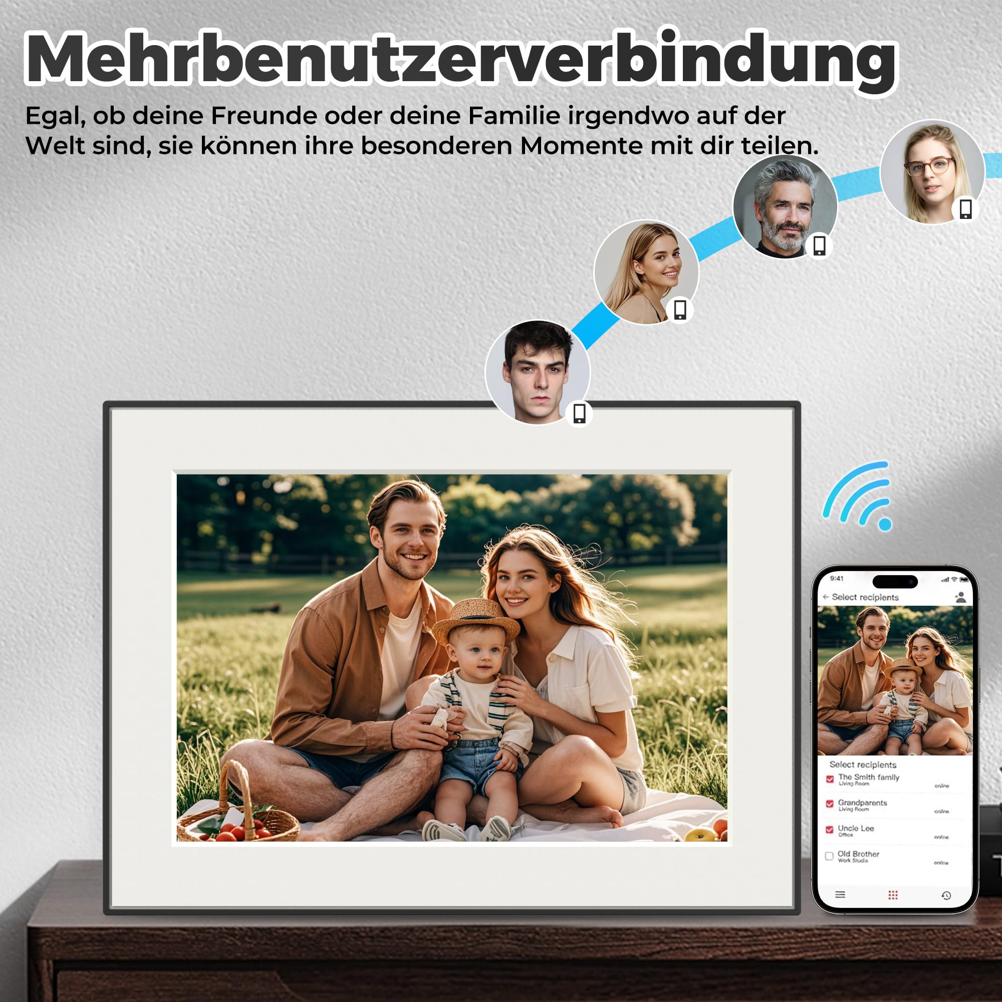 Frameo WiFi Digitaler Bilderrahmen, 10,1 Zoll 32GB Digital Photo Frame 1280x800 IPS HD Touch Screen, Automatische Drehung, sofort Fotos/Videos teilen via Frameo-App von überall.
