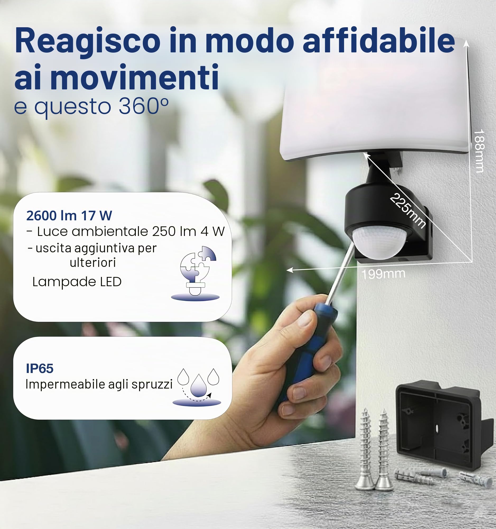 HUBER Faretto a LED con sensore di movimento 360° 20W, 1800lm I IP65 I faretto a LED per esterni, montaggio a parete/angolo, con protezione anti-flusso e limitazione della portata, antracite
