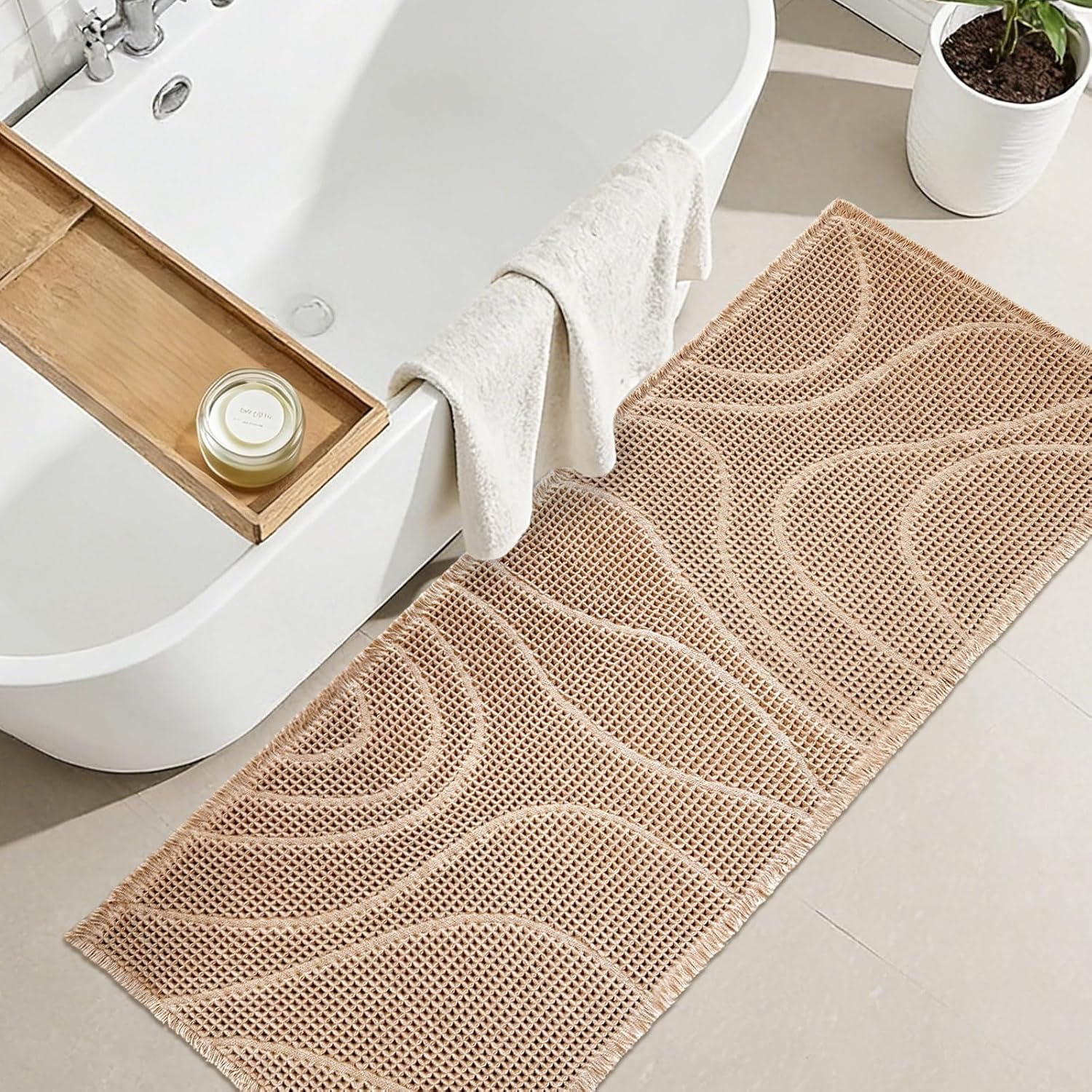 ZALL Tan Waffle Bath Mat Wavy,Super Absorbent Non Slip Bathroom Rug, Brown 24x48inch, Machine Washable Ultra Soft Floor Mats