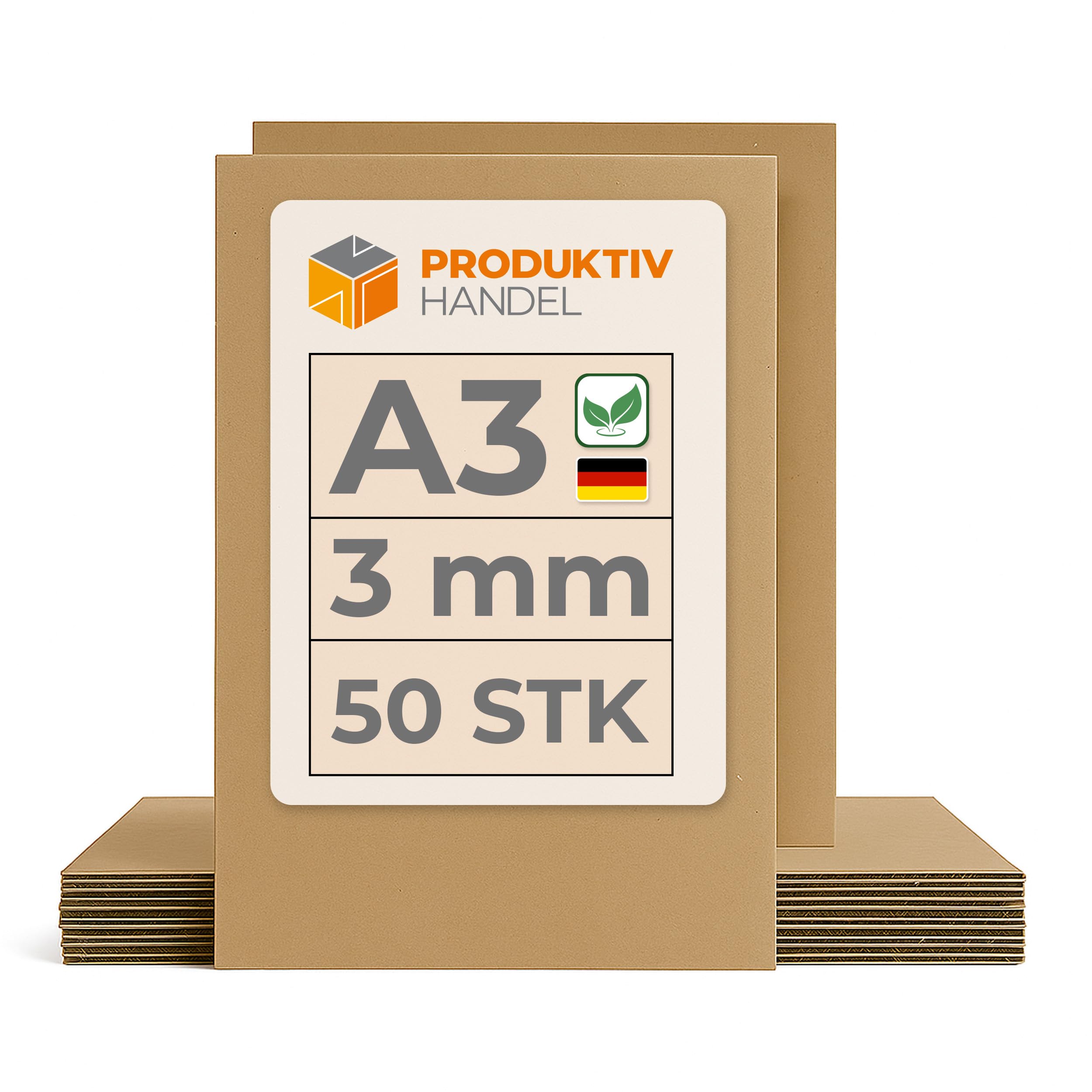 Wellpappe Zuschnitte A3 | 29,7 x 42 cm | 50 Stück Stabiler Bastelkarton braun, ein-wellig (1.01 B) | Ideal für DIY, Modellbau & Kinderbasteln | Produktiv Handel
