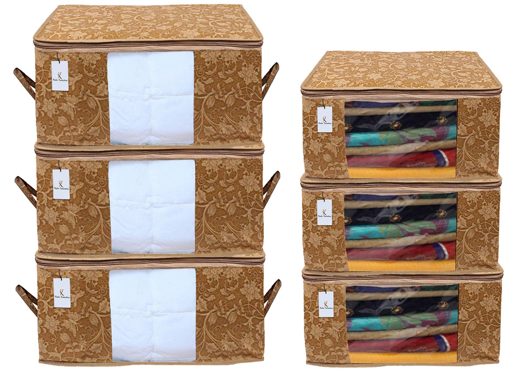 Kuber Industries Metallic Printed Non Woven 3 Pieces Saree Cover and 3 Pieces Underbed Storage Bag, Cloth Organizer for Storage, Blanket Cover Combo Set (Beige) -CTKTC038563