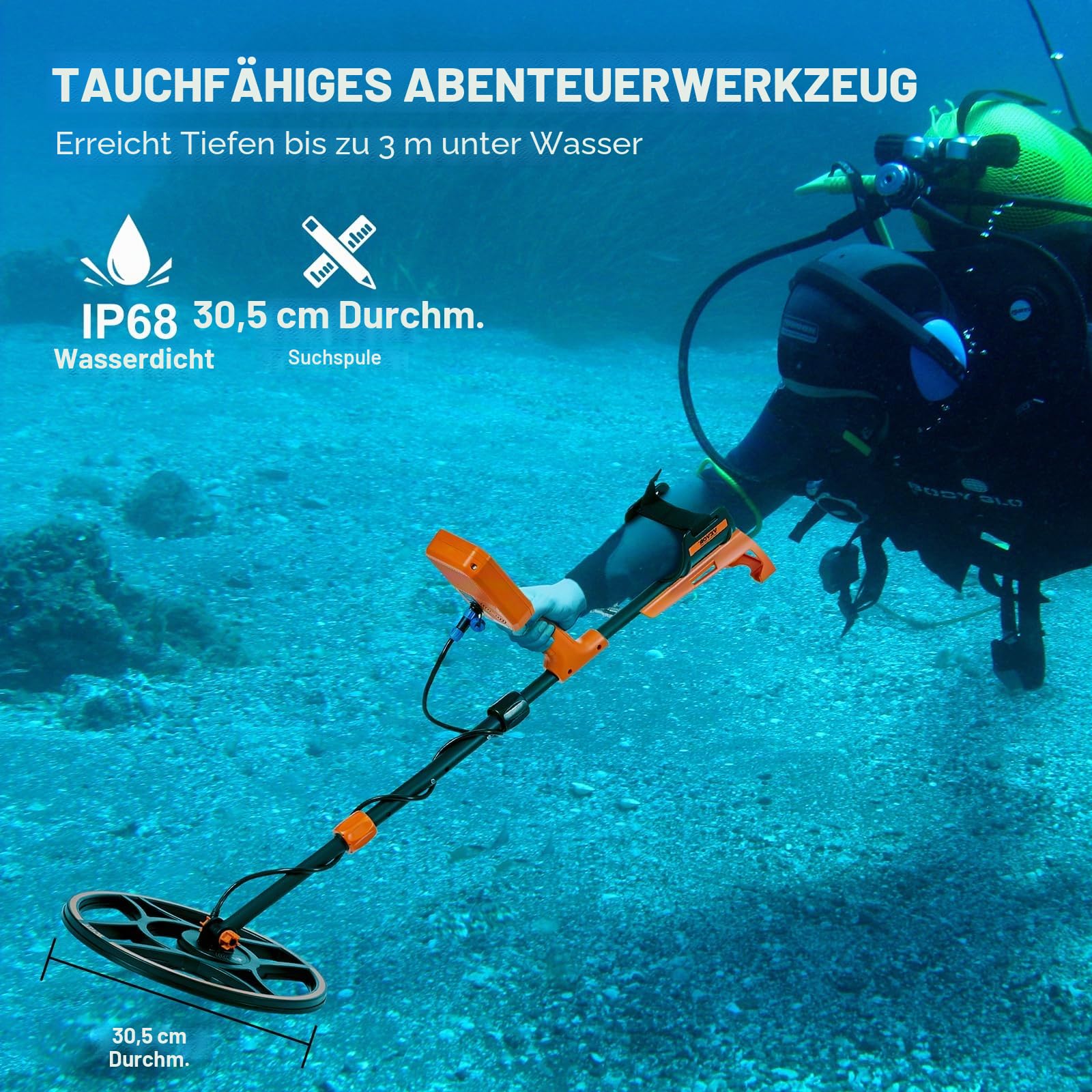 VEVOR Metalldetektor Profi, Metal Detector mit 30 cm Suchspule, 7 Mode, IP68 Tauchtiefe bis zu 3 m Goldsucher mit Verstellbarem Griff Golddetektor inkl. Bluetooth-Headset Präzisions-Ortungsgerät