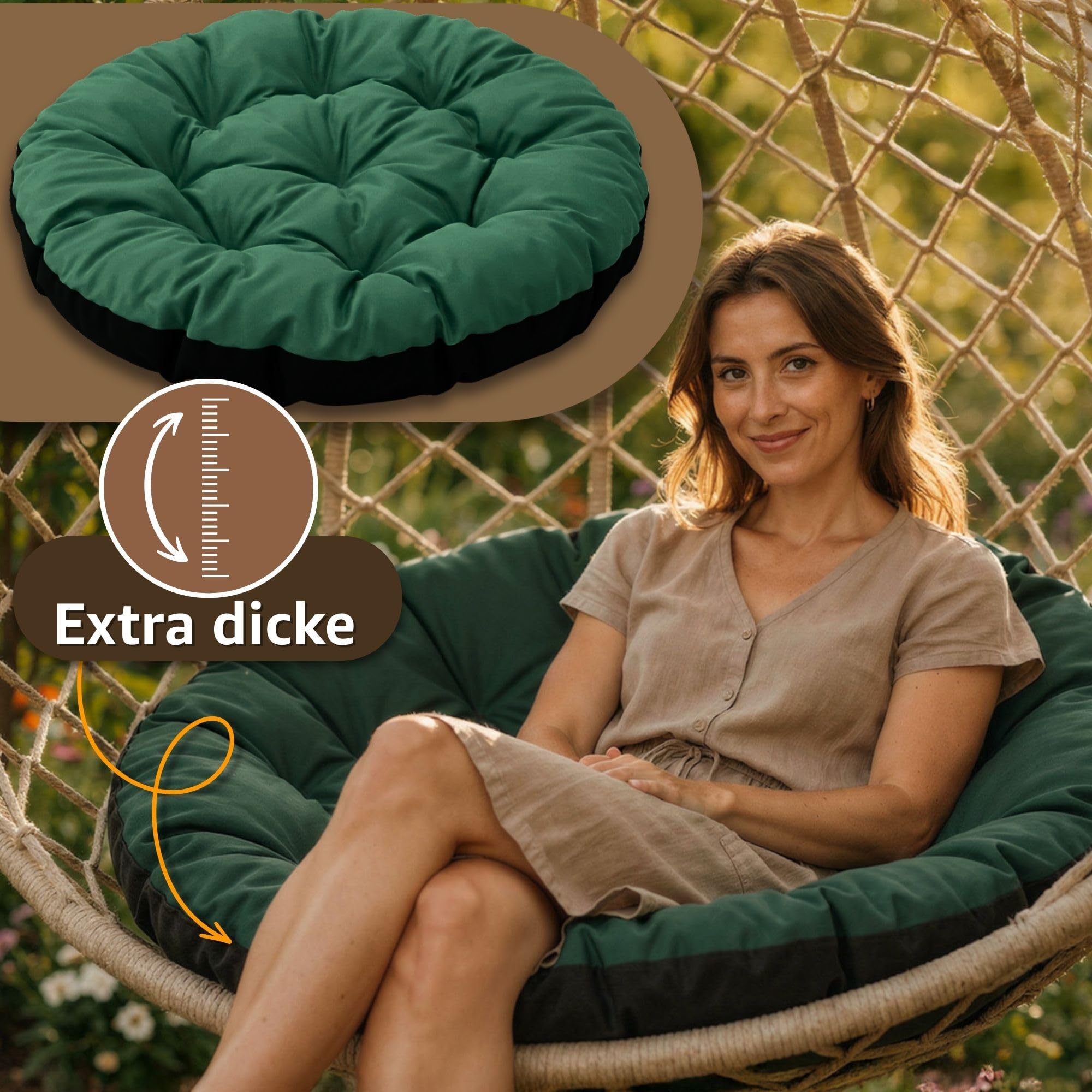 Amazinggirl Cuscini rotondi per sedia rattan e poltrona sospesa 110 cm - Cuscino poltrone da giardino sedie per dondolo rotondo enterno e interno Blu jeans lino ecologico