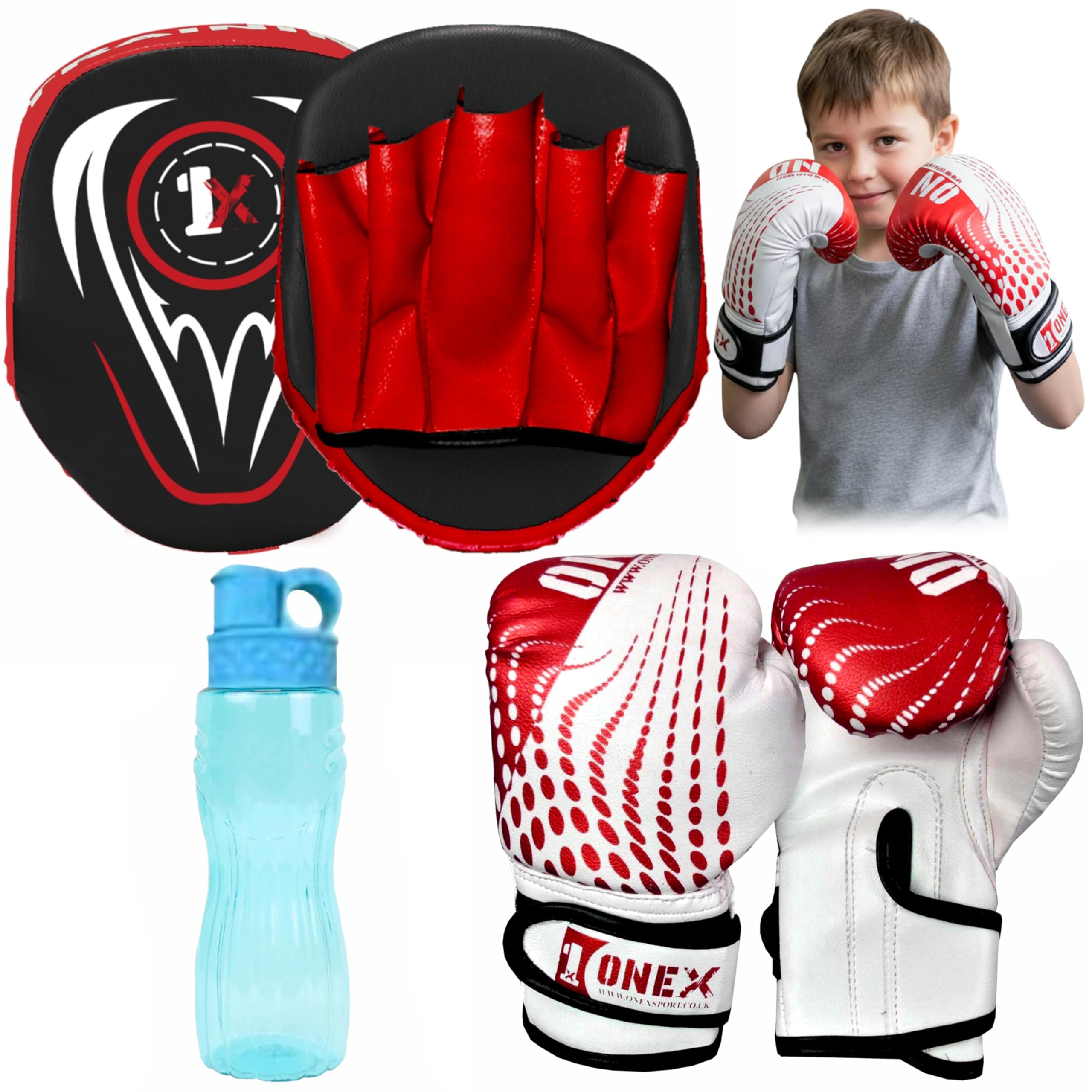 ONEX Boxing Gloves and Pads Kids Boxing Set for Kickboxing & MMA Muay Thai Punching Glove Flat Boxing Pads With Water Bottle Martial Arts Training for Kids and Junior (RED, 4oz)