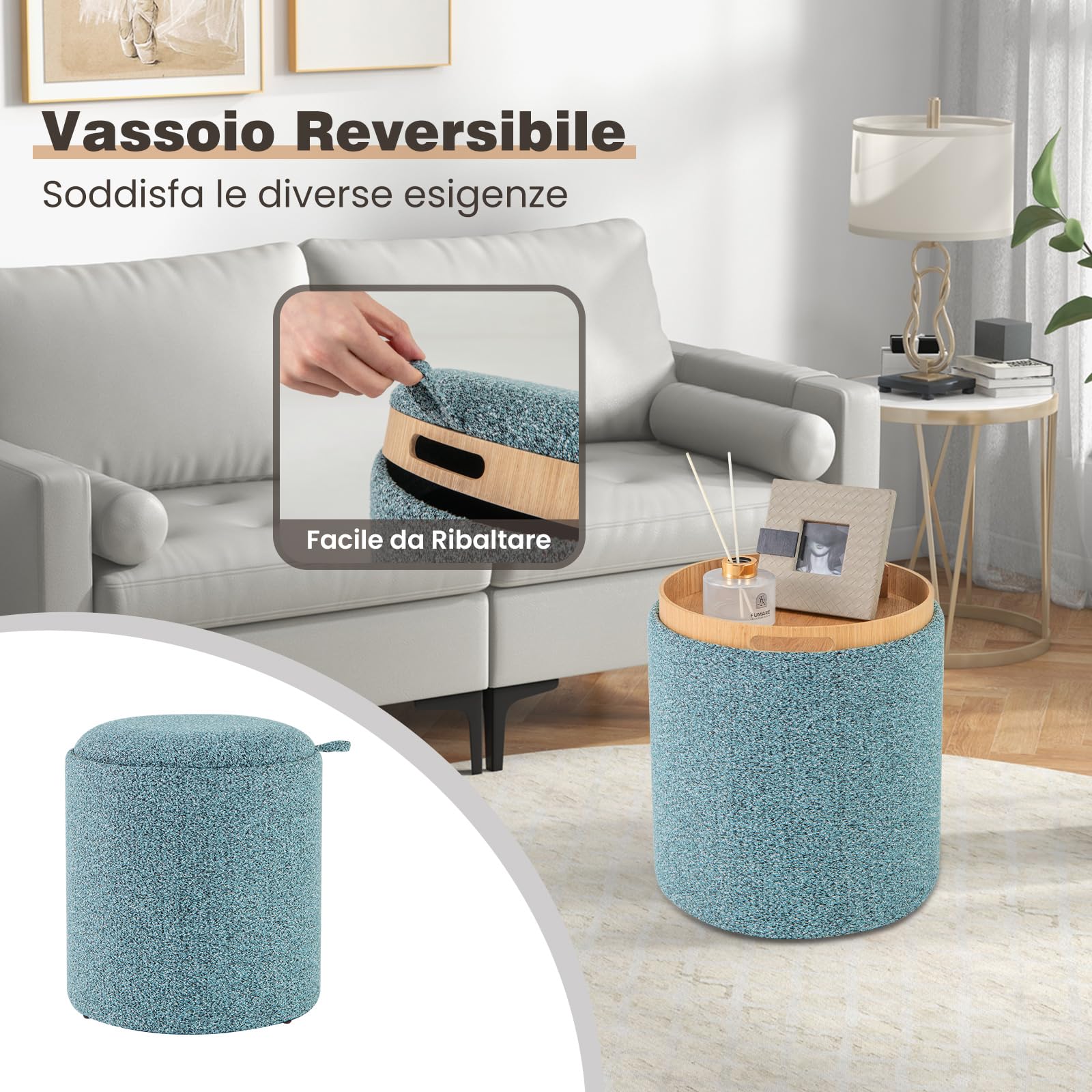 COSTWAY Set di 2 Pouf Contenitore, Pouf Rotondi Imbottiti da 41L+25L, con Vassoio Reversibile, Sgabello Contenitore Multifunzionale per Soggiorno, Camera da Letto, Portata 160 kg