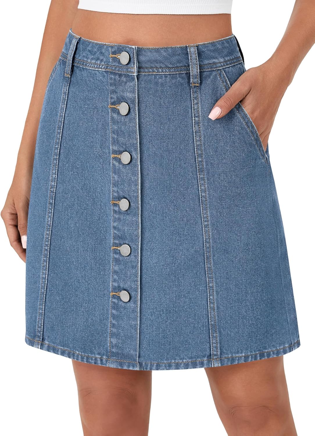 Rooscier Women's Button Down High Waisted A Line Jean Mini Denim Skirt with Pockets - Image 3