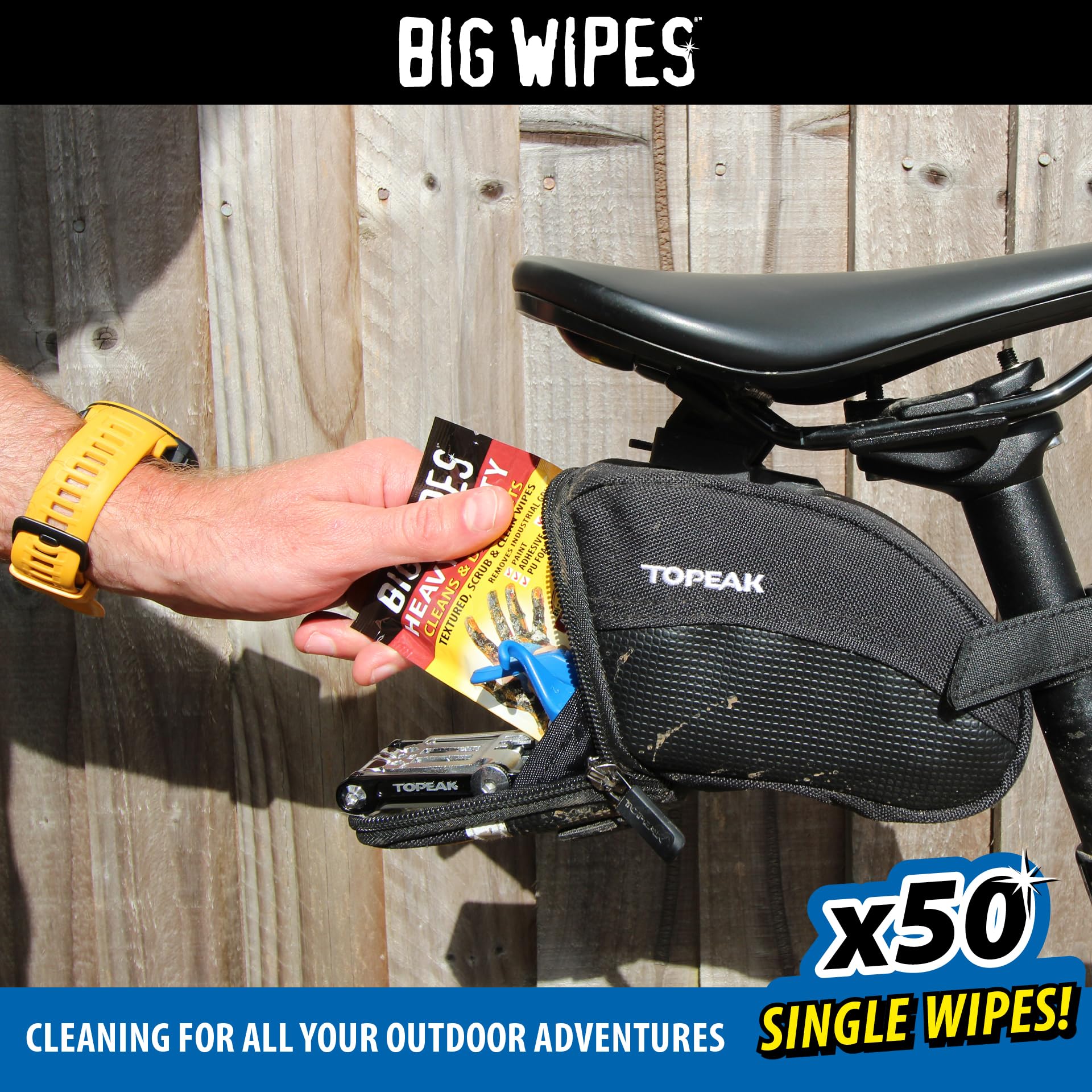 Big Wipes Heavy Duty Pro+ Salviette per le mani x50 bustine singole, rimuove vernice, olio, schiuma PU, adesivi, aloe vera, vitamina E, salviette professionali bifacciali
