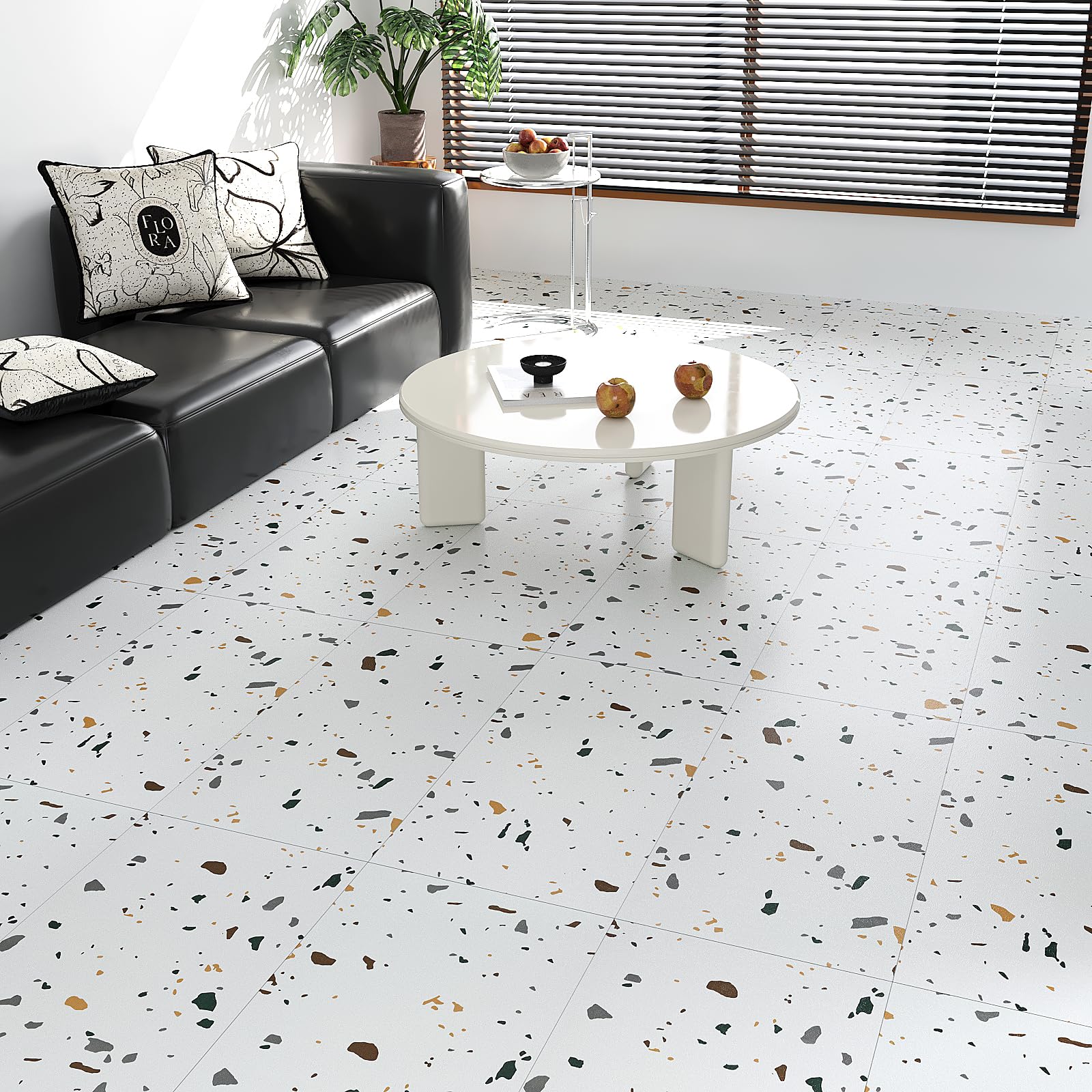 VEELIKE PVC Adesivo Pavimento Effetto Granito Bianco Mattonelle Adesive Cucina Piastrelle Adesive Pavimento Bagno Impermeabile Pavimento PVC Adesivo Pavimento in PVC Garage 1,5mm 60cmx30cm 24 Pezzi