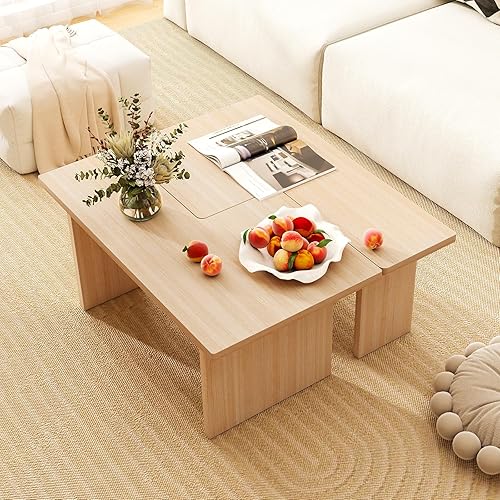 Miniatura 7 de Giantex Juego de 2 mesas de centro en forma de L, mesa central modular anidable con acabado de grano, mesas modernas de sala de estar de mediados de