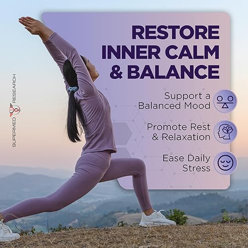 Miniatura 6 de Supermed Research Suplemento de apoyo del estado de ánimo con GABA, Ashwagandha, L-teanina, L-tirosina, L-glicina, 5-HTP y magnesio - Apoya la