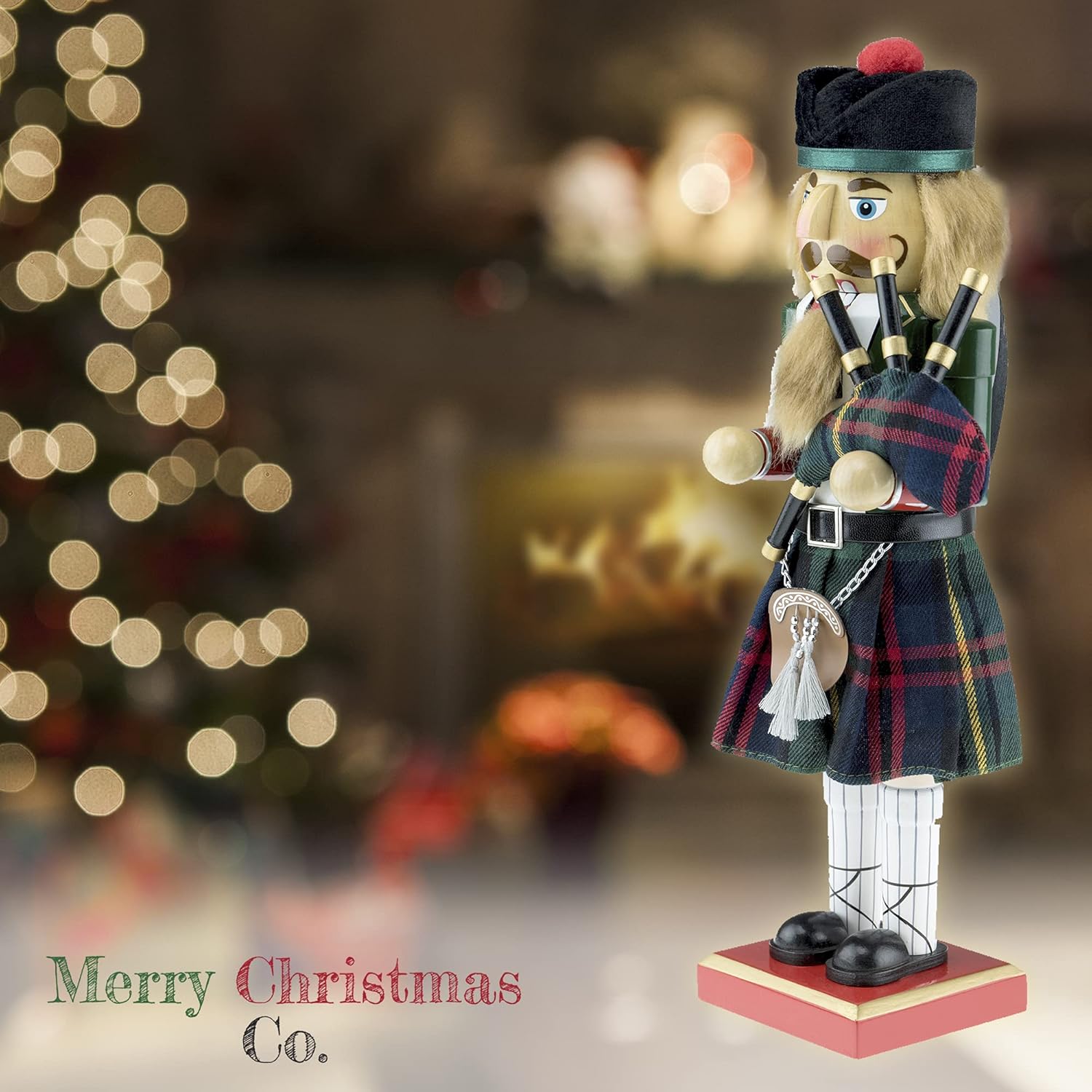 Merry Christmas Co. 14 Inch Traditional Wooden Nutcracker, Festive Holiday Tabletop Décor, Green Scottish