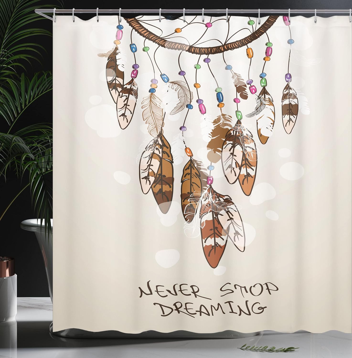 Ambesonne Bohemian Shower Curtain, Dreamcatcher Feathers Design Never Stop Dreaming Typography Cartoonish Style, Cloth Fabric Bathroom Decor Set with Hooks, 69" W x 84" L, Beige and Brown