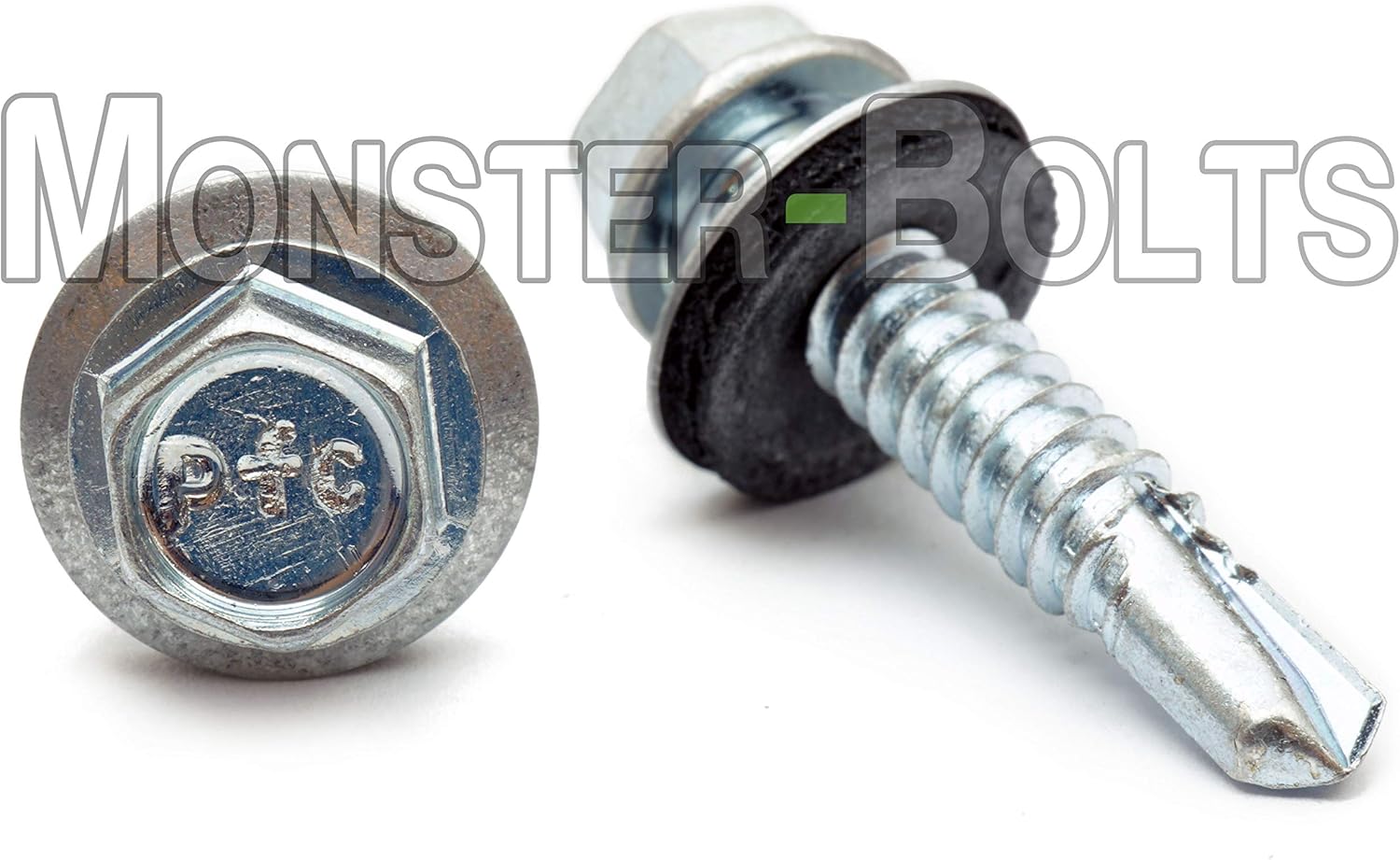 (250) #14 x 1-1/4" Indent HWH with Bonded EPDM Sealing Washer, Hex Washer Head Unslot, 1/4" Zinc #3 Point Self Drilling TEK Sheet Metal Roofing Screws - MonsterBolts (250, 1/4" x 1-1/4")