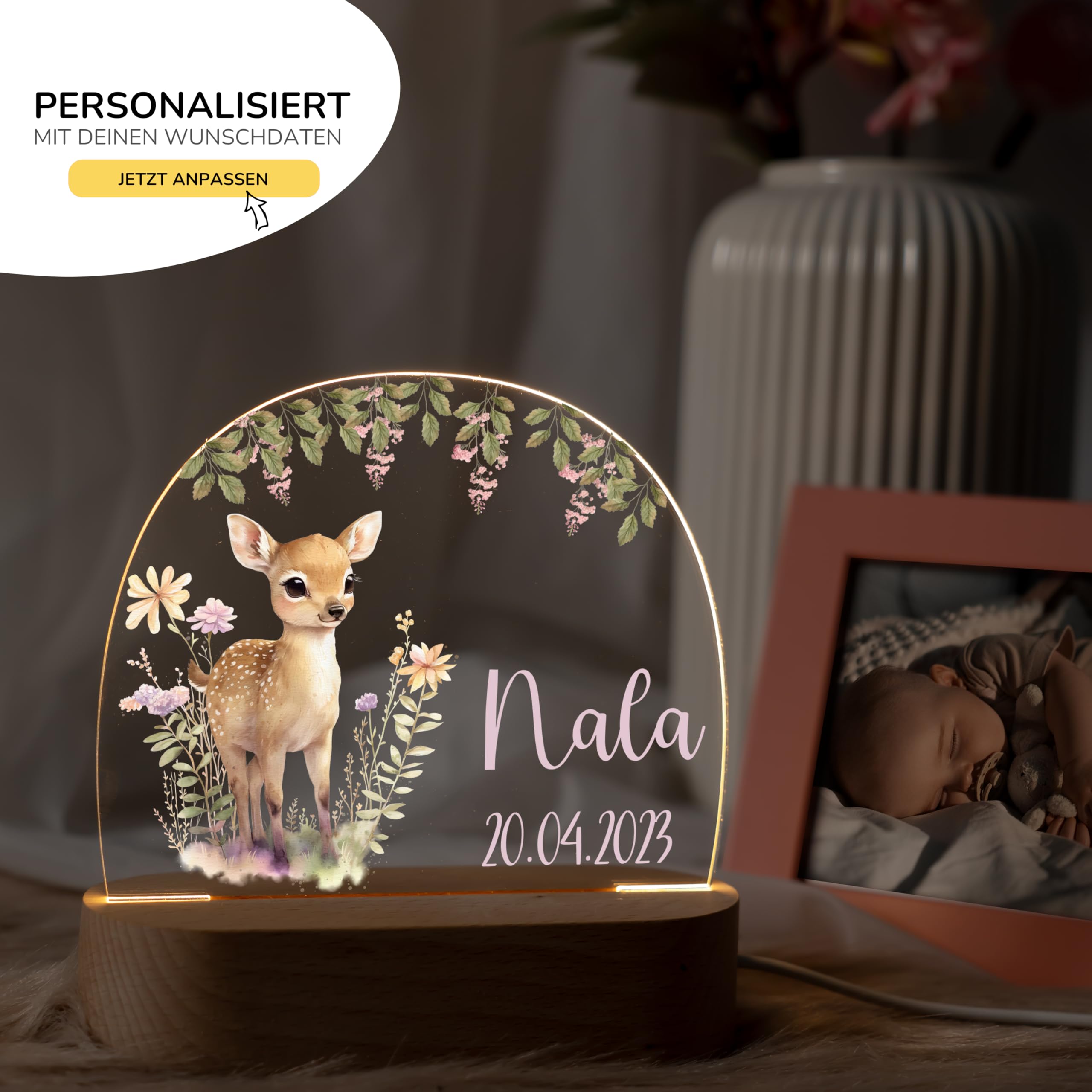 Kidsmood - Nachtlicht Baby - Personalisiertes Nachttischlampe mit Name & LED Stillicht Kinderzimmer, dimmbar - Geschenk zur Geburt, Taufe & Geburtstag für Mädchen & Jungen [Fuchs Floral]