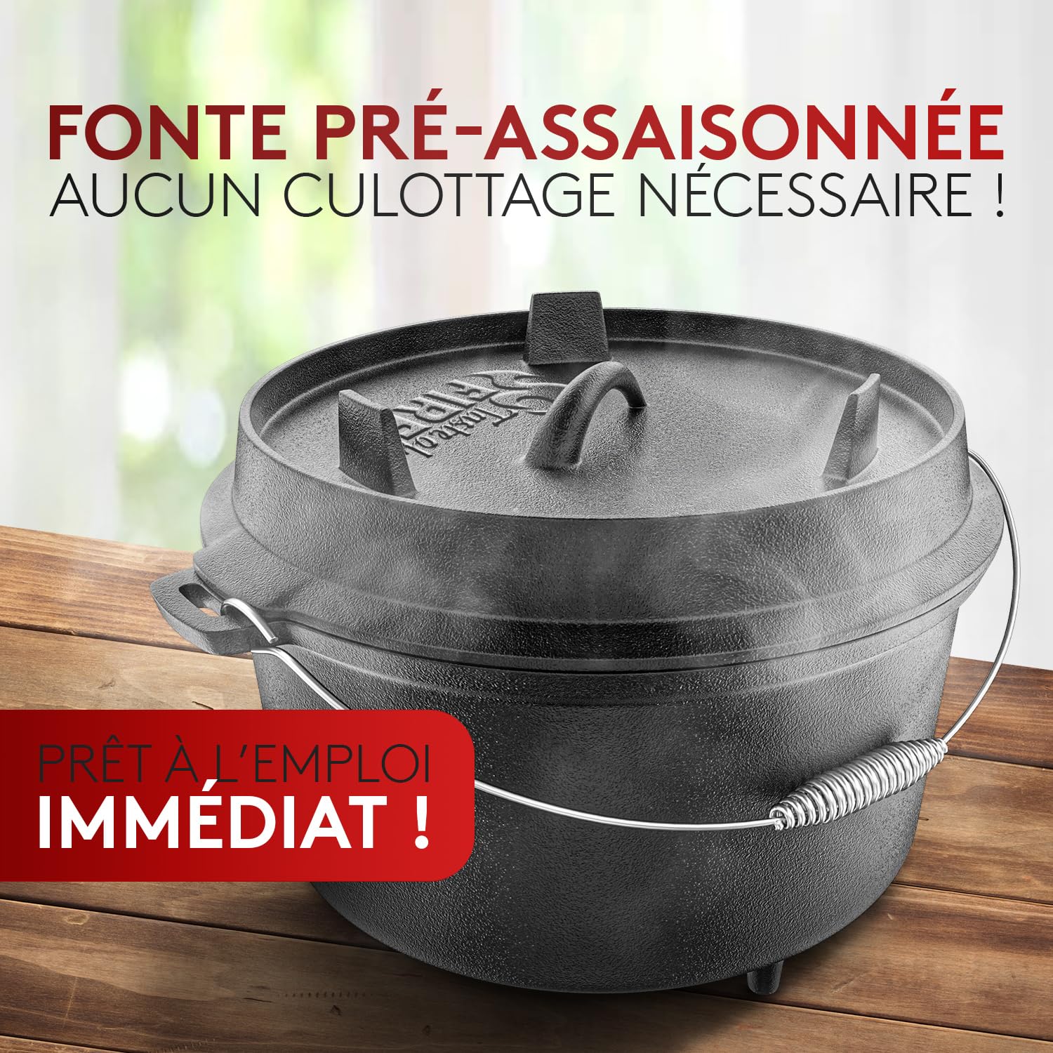Taste of Fire L'Original Cocotte en Fonte Dutch Oven 7,4L avec Pieds Couvercle 1,8L Double Fonction Poêle à Griller Lève-Couvercle