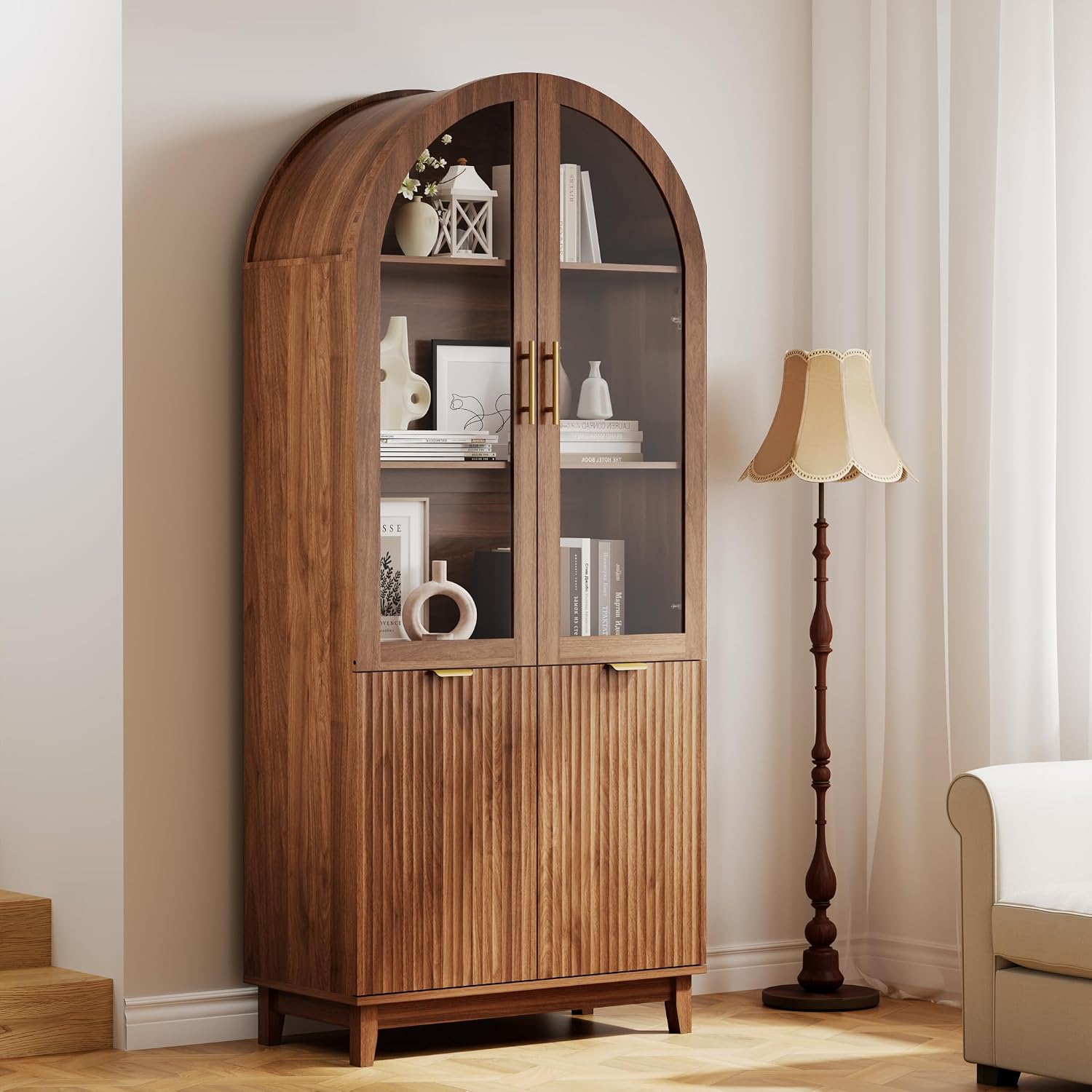 71" Tall Arched Pantry Cabinet, Kitchen Pantry with Glass Doors & Fluted Doors, Wood Storage Cabinet with Adjustable Shelf, Versatile Cupboard for Kitchen, Living Room,Walnut