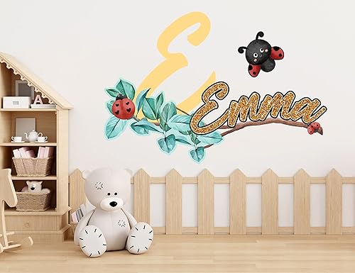 Miniatura 6 de Calcomanías de pared con nombre de mariquita para dormitorio de niñas, calcomanías de nombre personalizadas con flores para niñas, decoración de