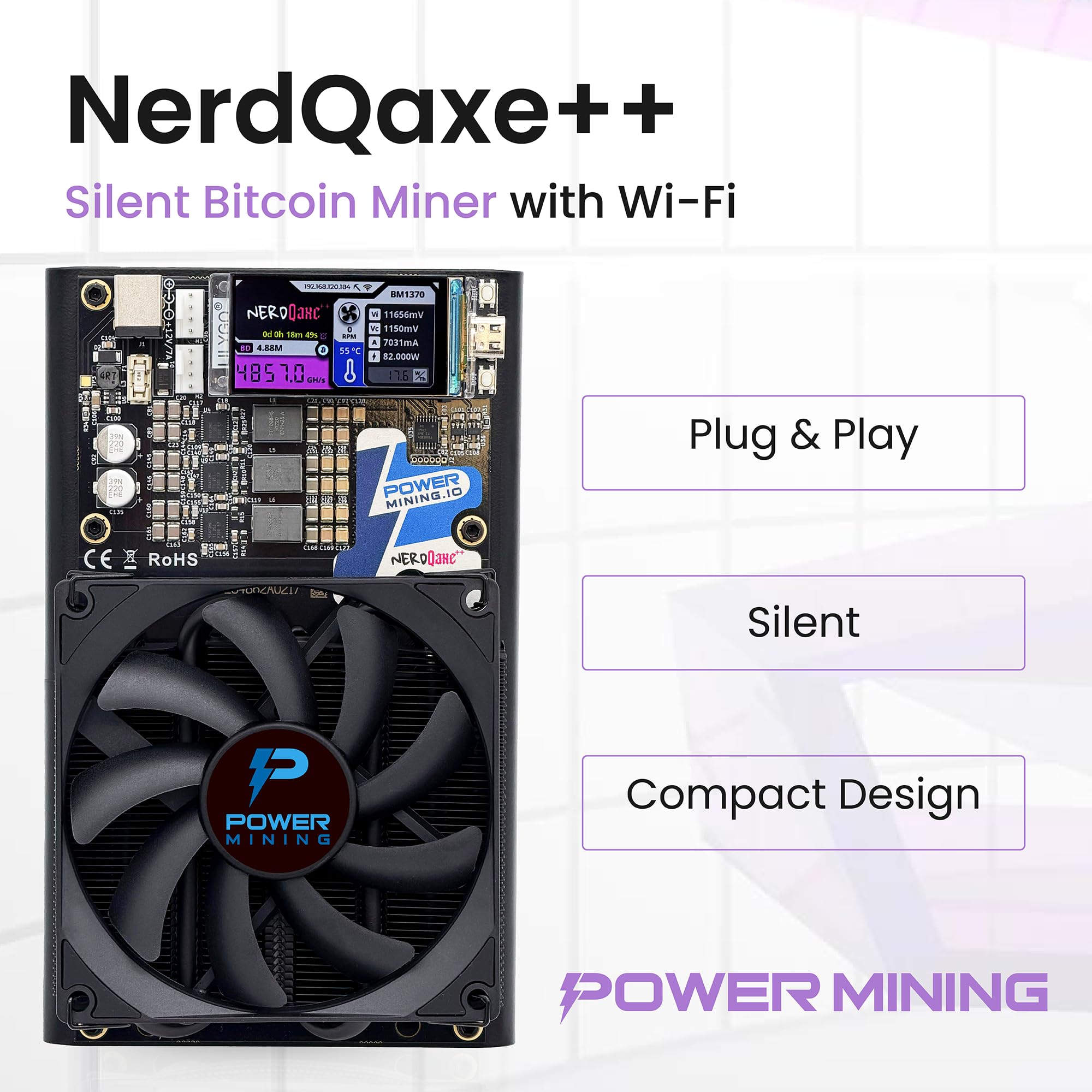 NerdQaxe++ Silent Bitcoin Miner – 6 TH/s @ 100 W | 4 x chipy BM1370 | chłodzenie niskohałasowe | 2,4 G Wi-Fi | AxeOS Open-Source | w zestawie zasilacz sieciowy 12,4 V 10 A i metalowy stojak
