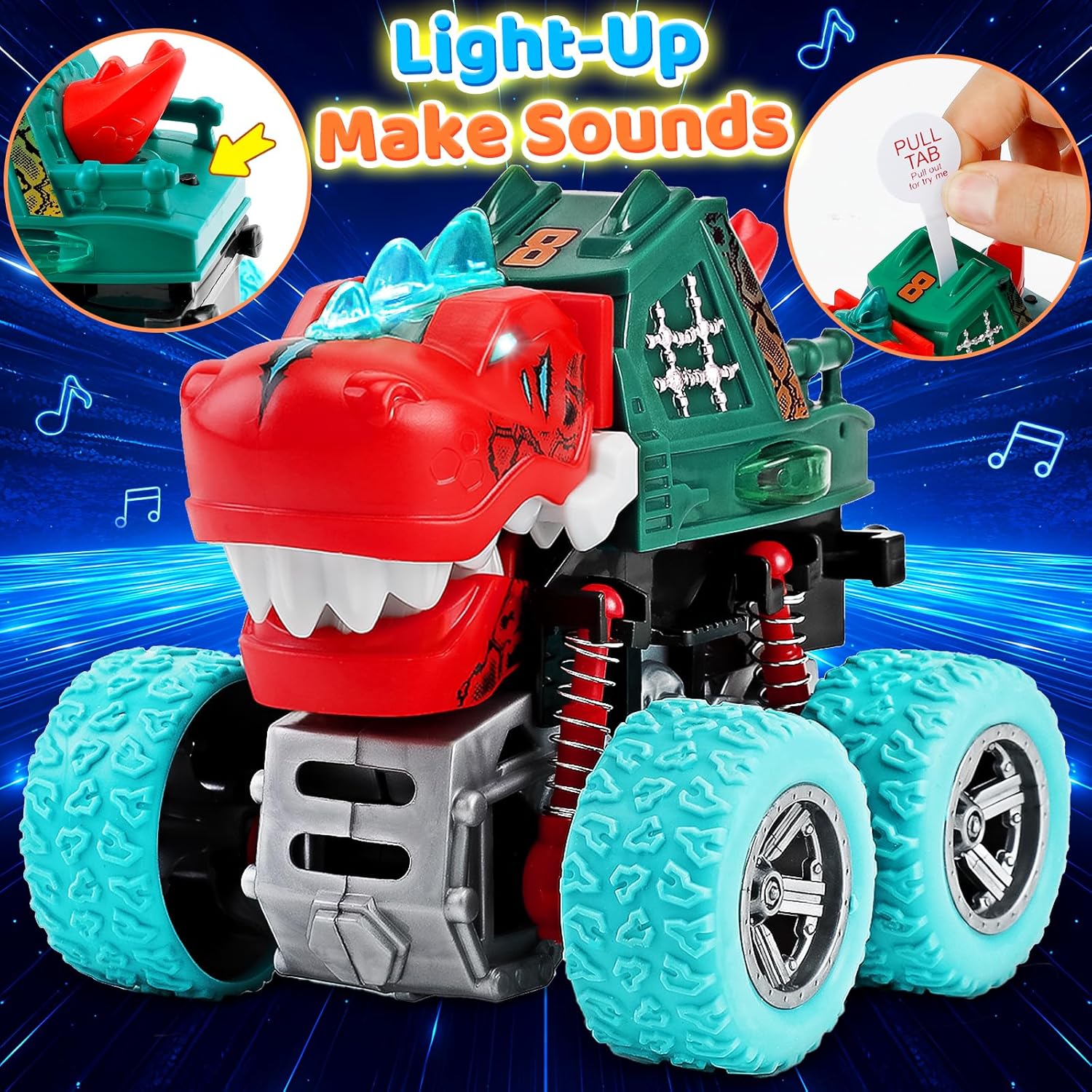 Dinosaur Toys for Kids 3-5, 2 Monster Truck Toys for Ages 3-4, Light-Up Sounds Toddler Boy Toy,360° Rotating Push and Go Cars Kid BabyToy for 3 4 5 Year Old Boys Girls Christmas Birthday Gift
