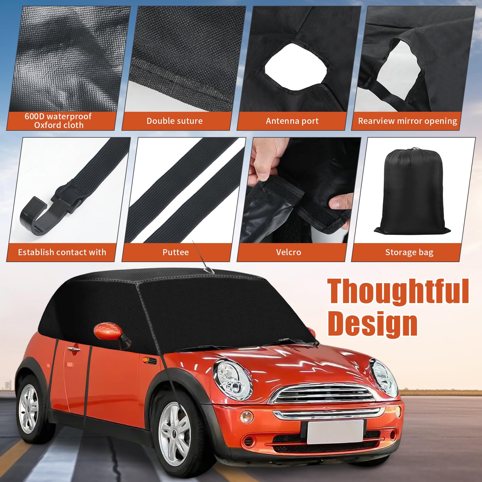 Halbgarage für Mini Cabrio R52 R57 F57 2005-2022, 600D Halbgarage Autoabdeckung Wasserdicht Ersatz, mit Riemen & Antennenloch, Softtop Dachschutz UV Regen Sonne Staub Schutz (Schwarz)