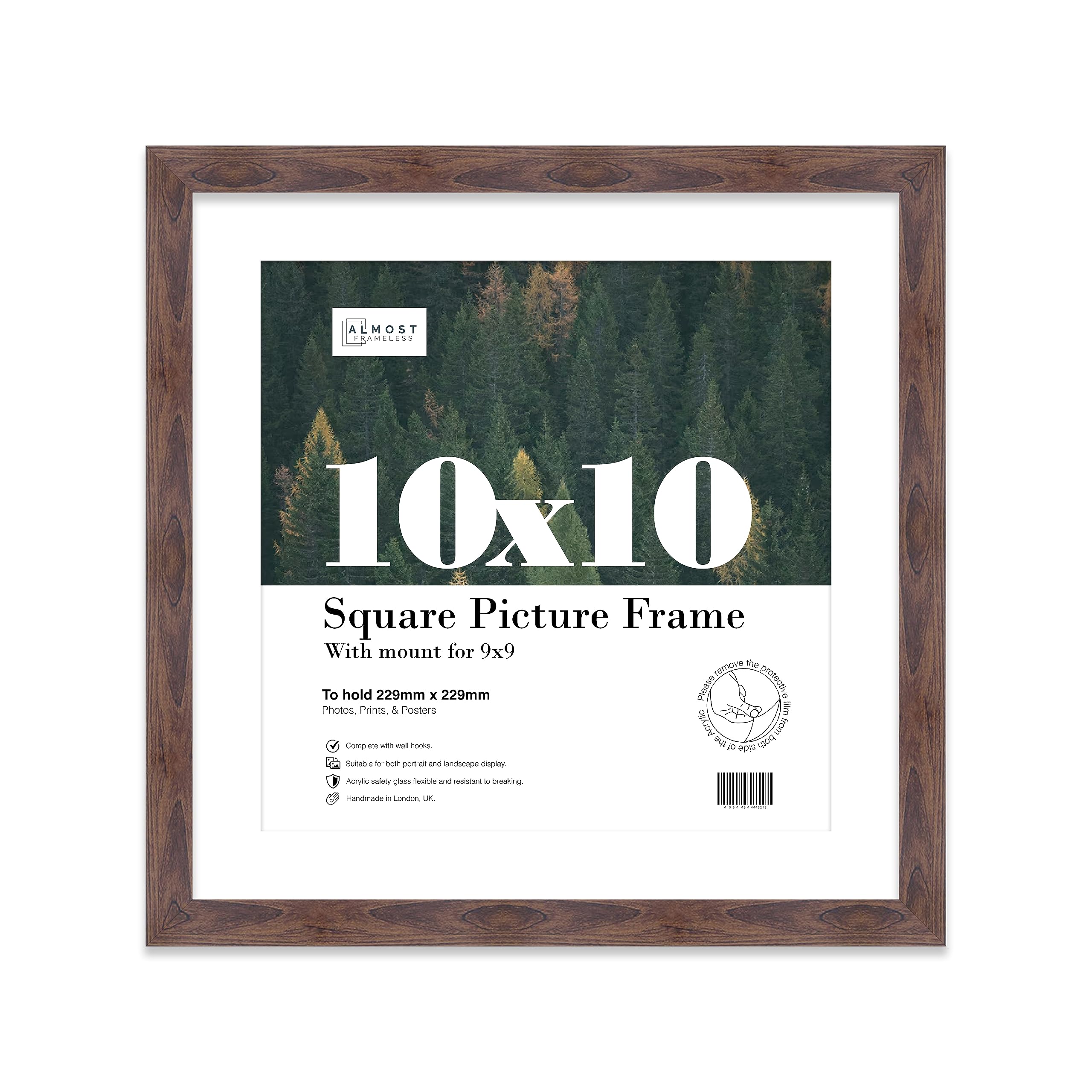 Almost Frameless 10x10 Picture Frame, Display Pictures 9x9 With Mat or 10x10 Without Mat, Wall Hanging & Free Standing Photo Frame, Walnut, 1 Pack