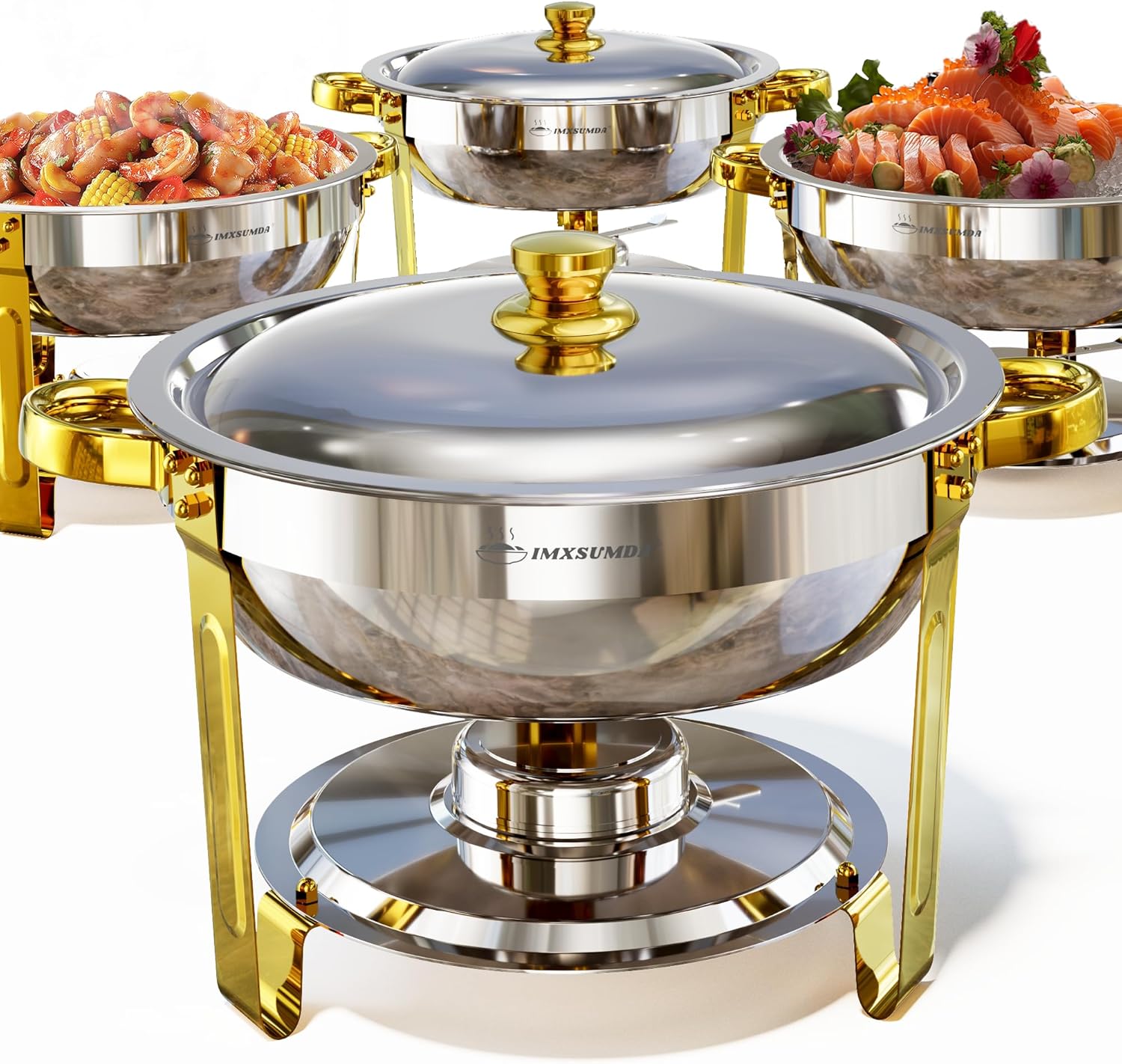 Chafing Dishes for Buffet Set 4 Pack, 5QT Round Dish Buffet Servers and Warmers High Grade Stainless Steel Food Warmers for Parties, Christmas Gatherings, Weddings, Catering, Gold & Silver Silver-Metal Lid-4 Pack-5QT